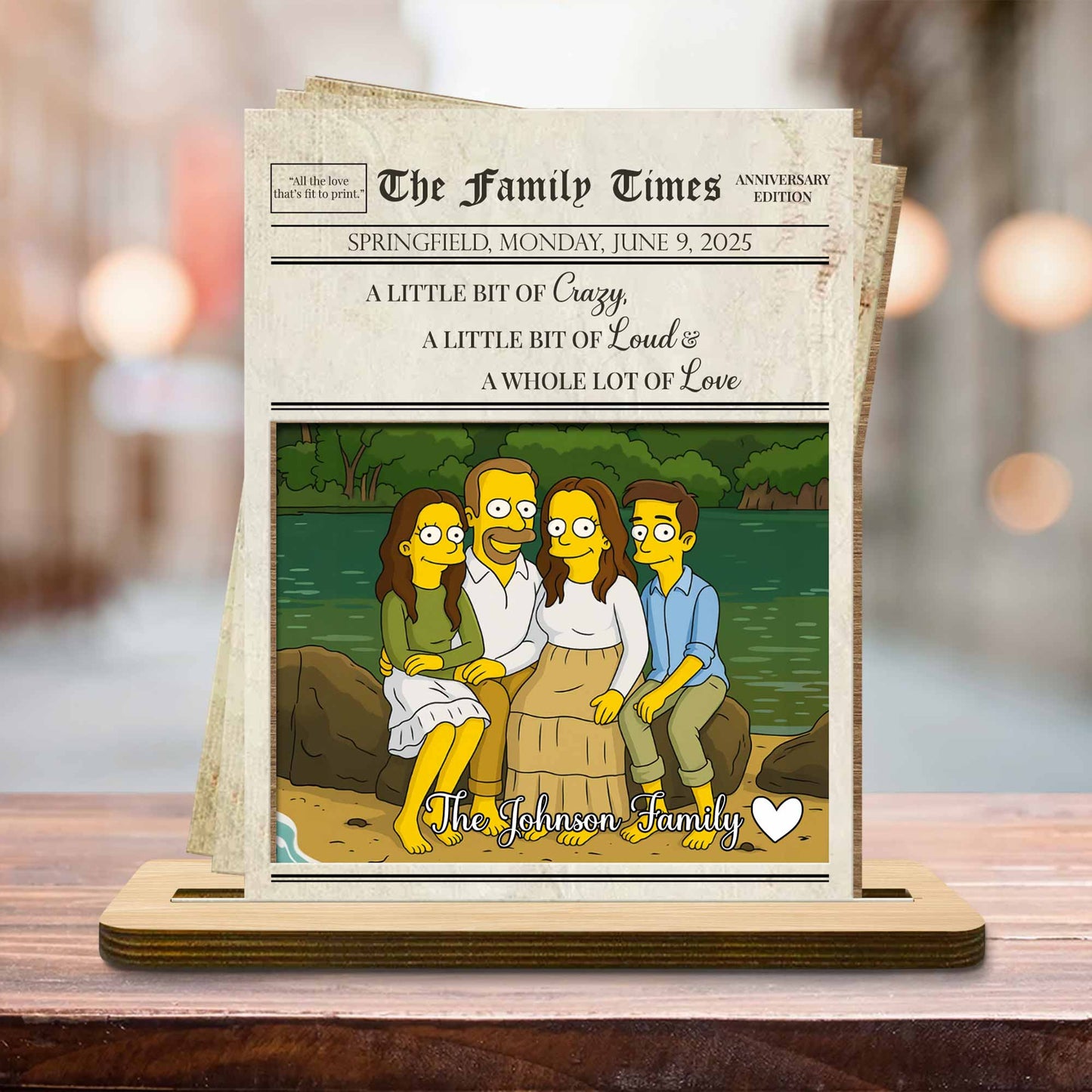 Portrait de famille « Un peu de folie, de bruit et d'amour » - Plaque en bois personnalisée à 2 couches avec base plate - FAM402_WPLA