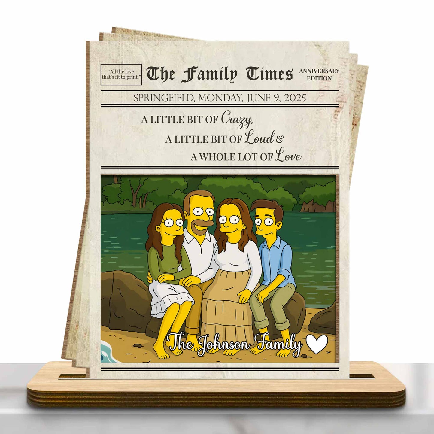 Portrait de famille « Un peu de folie, de bruit et d'amour » - Plaque en bois personnalisée à 2 couches avec base plate - FAM402_WPLA