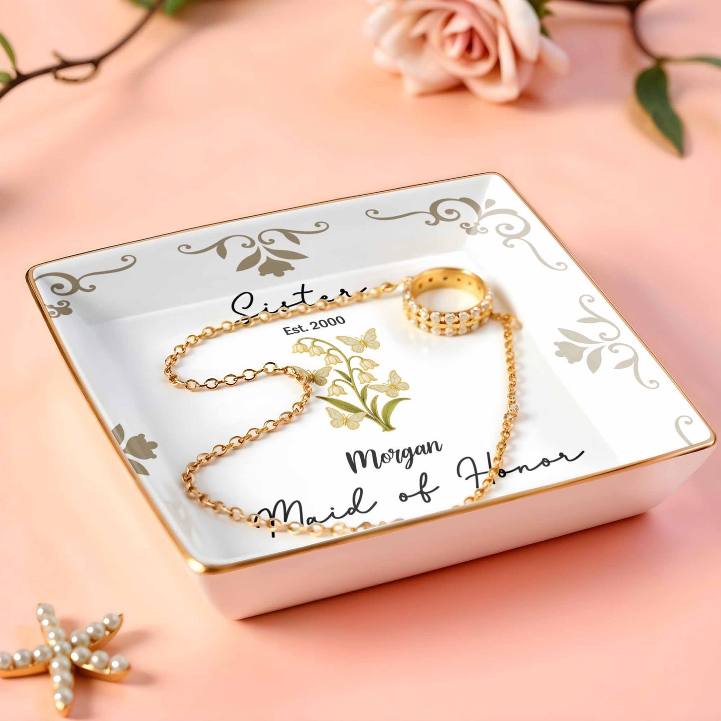 Sister Maid Of Honor With Elegant Floral Design - Personalized Custom Jewelry Dish, Ceramic Dish, Square Shape - FAM412_SCRF