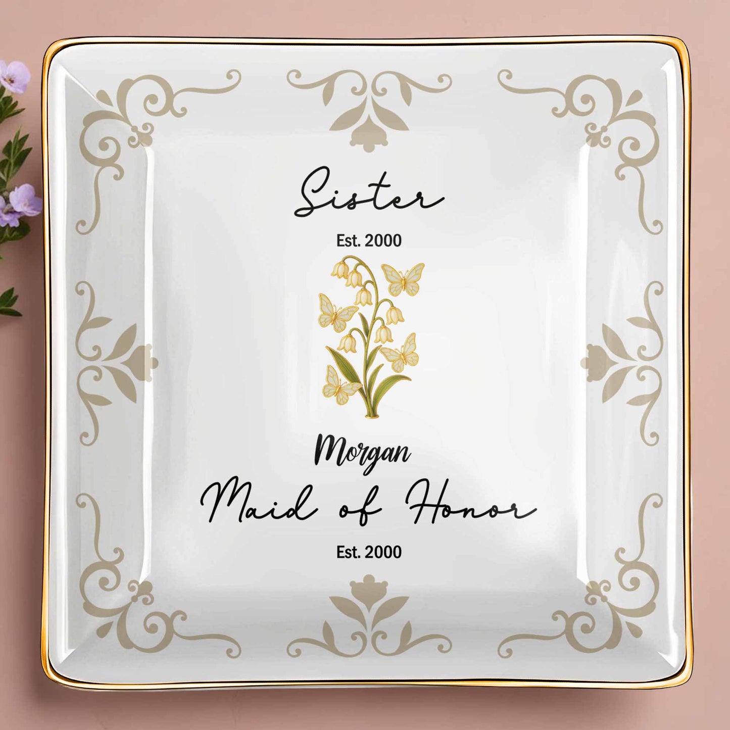 Sister Maid Of Honor With Elegant Floral Design - Personalized Custom Jewelry Dish, Ceramic Dish, Square Shape - FAM412_SCRF