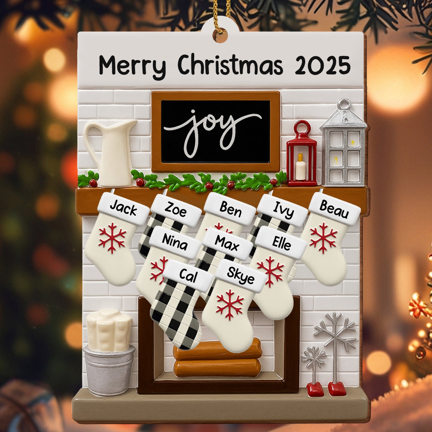 Merry Christmas Joy Stockings and Lantern - Personalized Custom Wood Ornament, Custom Shaped - FAM423_WDO