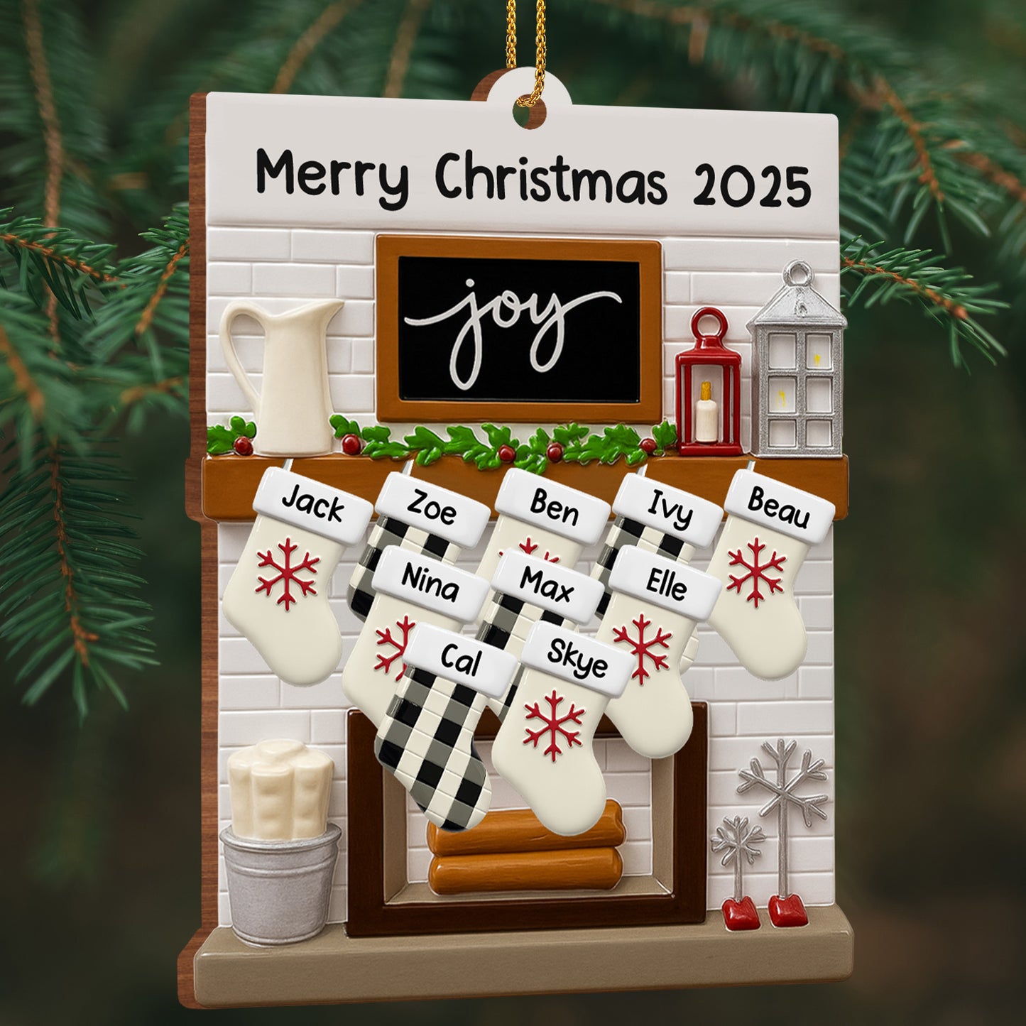 Merry Christmas Joy Stockings and Lantern - Personalized Custom Wood Ornament, Custom Shaped - FAM423_WDO