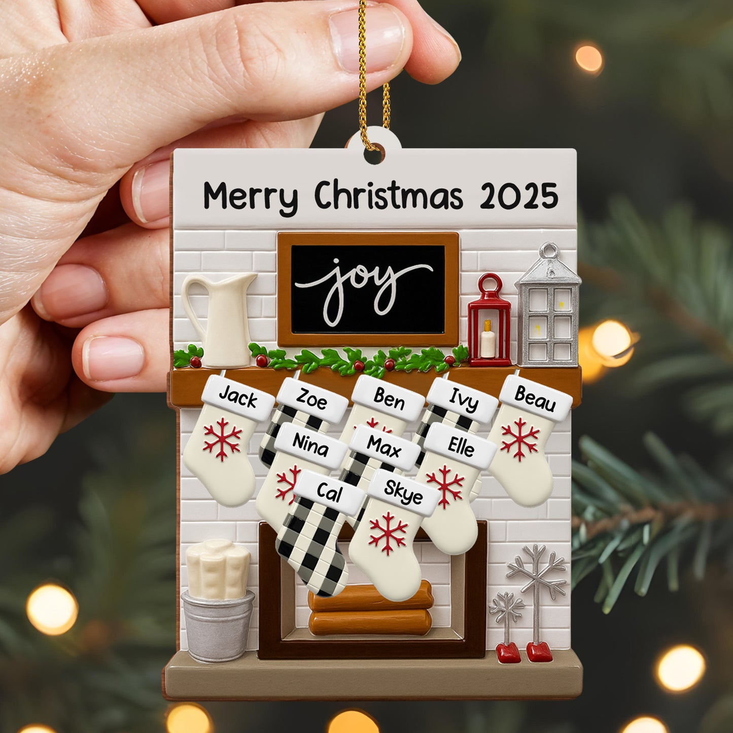 Merry Christmas Joy Stockings and Lantern - Personalized Custom Wood Ornament, Custom Shaped - FAM423_WDO