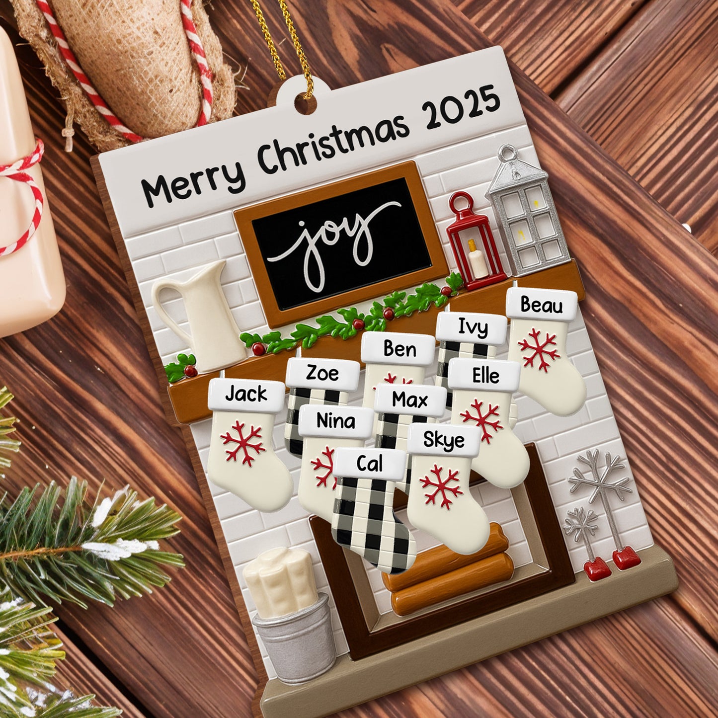 Merry Christmas Joy Stockings and Lantern - Personalized Custom Wood Ornament, Custom Shaped - FAM423_WDO