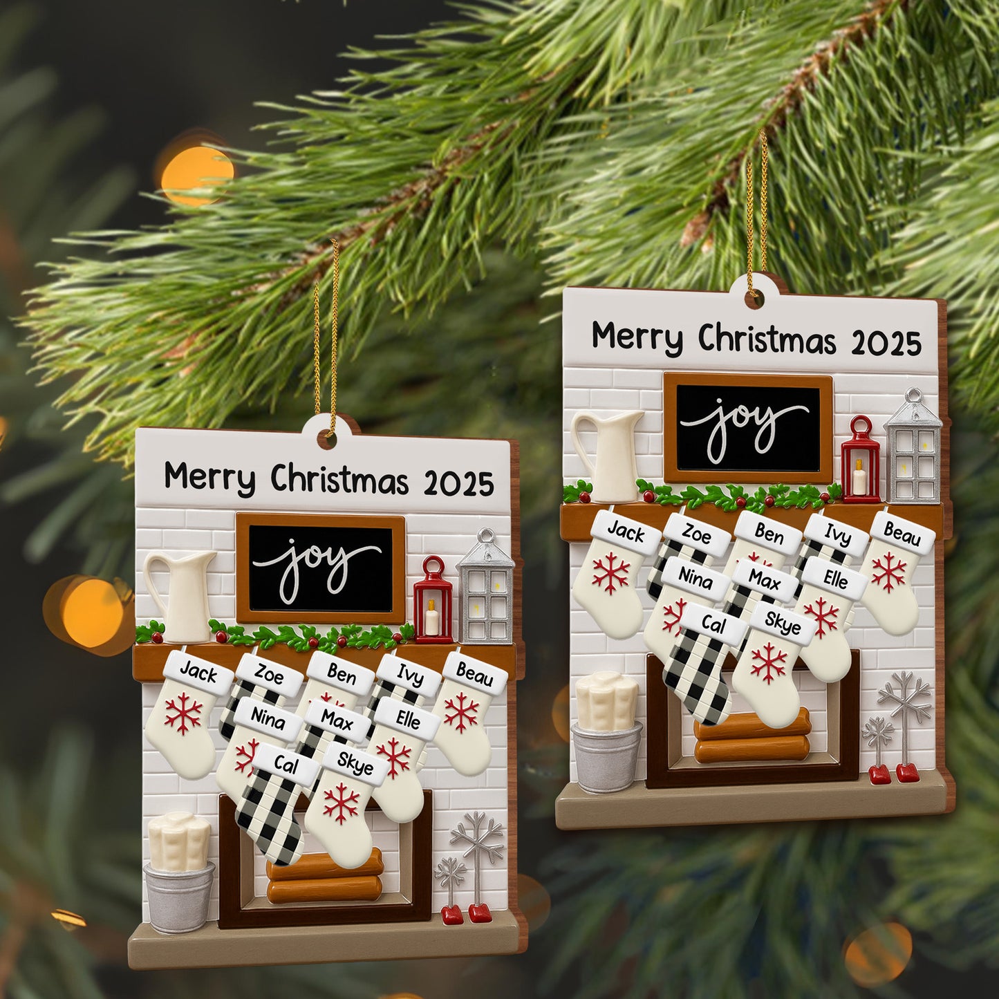 Merry Christmas Joy Stockings and Lantern - Personalized Custom Wood Ornament, Custom Shaped - FAM423_WDO