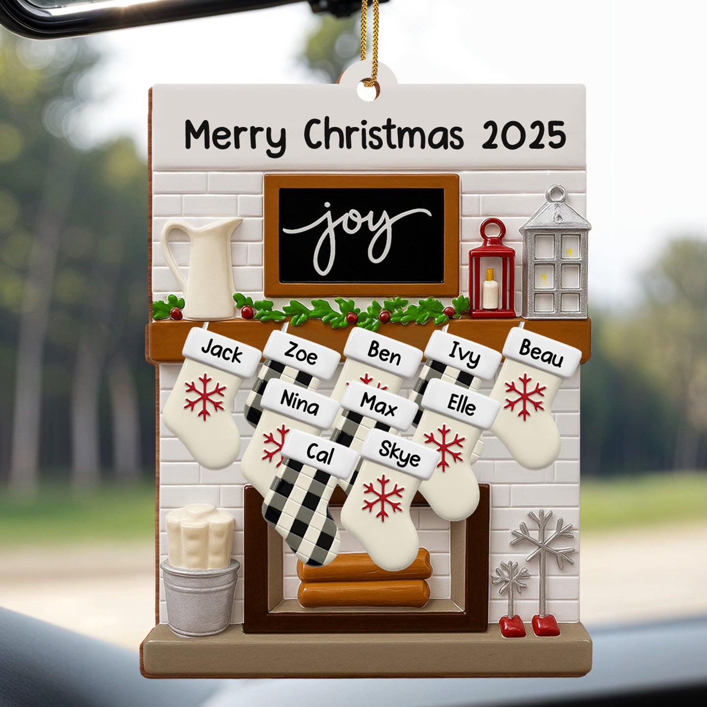 Merry Christmas Joy Stockings and Lantern - Personalized Custom Wood Ornament, Custom Shaped - FAM423_WDO
