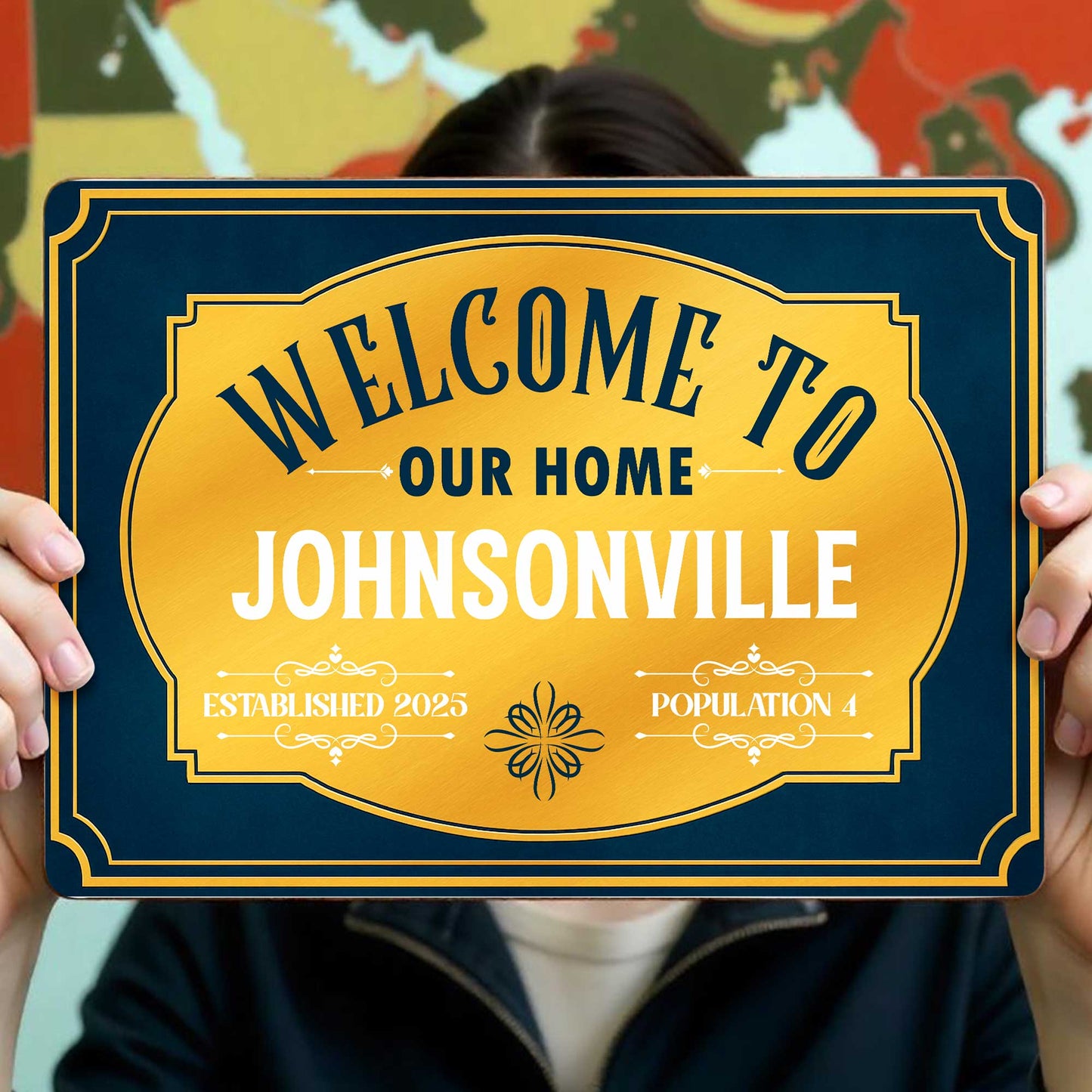 Welcome To Our Home Sign With Elegant Scrollwork
