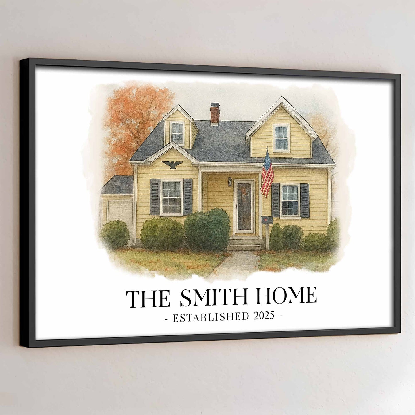 The Smith Home, House With American Flag Art - Personalized Custom Horizontal Poster - FAM449_HPOS