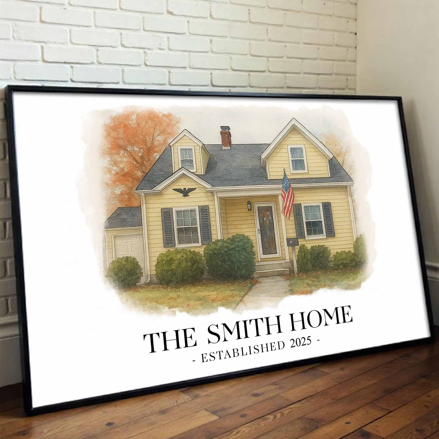 The Smith Home, House With American Flag Art - Personalized Custom Horizontal Poster - FAM449_HPOS