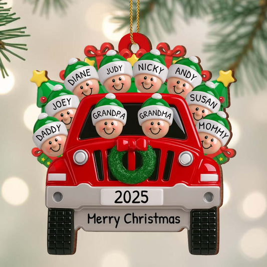 Merry Christmas Family Red Truck Ornament