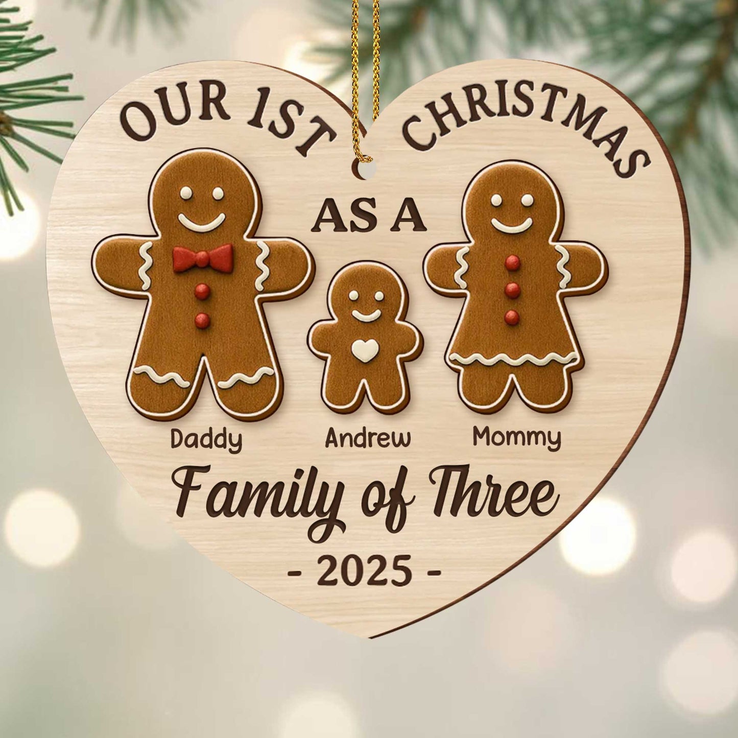 Our First Christmas As A Family Of Three With Gingerbread Figures - Personalized Custom Wood Ornament, Custom Shaped - FAM512_WDO