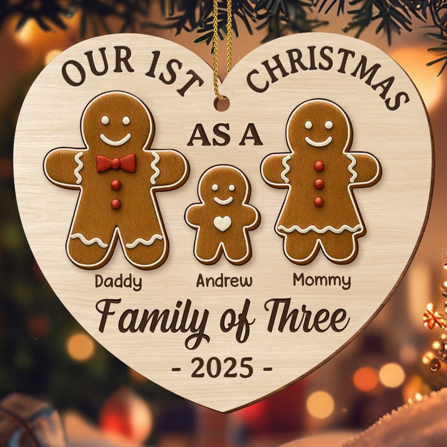 Our First Christmas As A Family Of Three With Gingerbread Figures - Personalized Custom Wood Ornament, Custom Shaped - FAM512_WDO