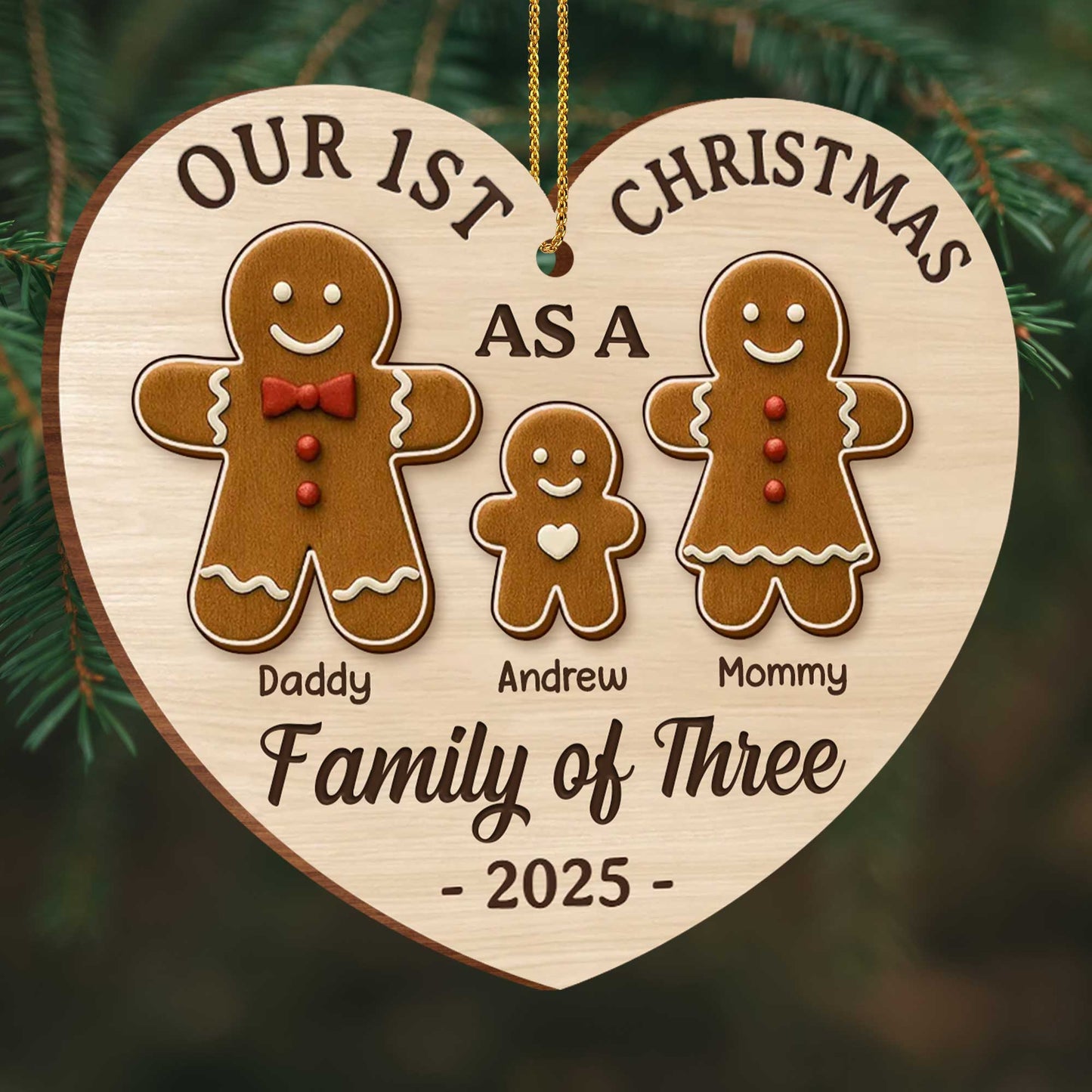 Our First Christmas As A Family Of Three With Gingerbread Figures - Personalized Custom Wood Ornament, Custom Shaped - FAM512_WDO