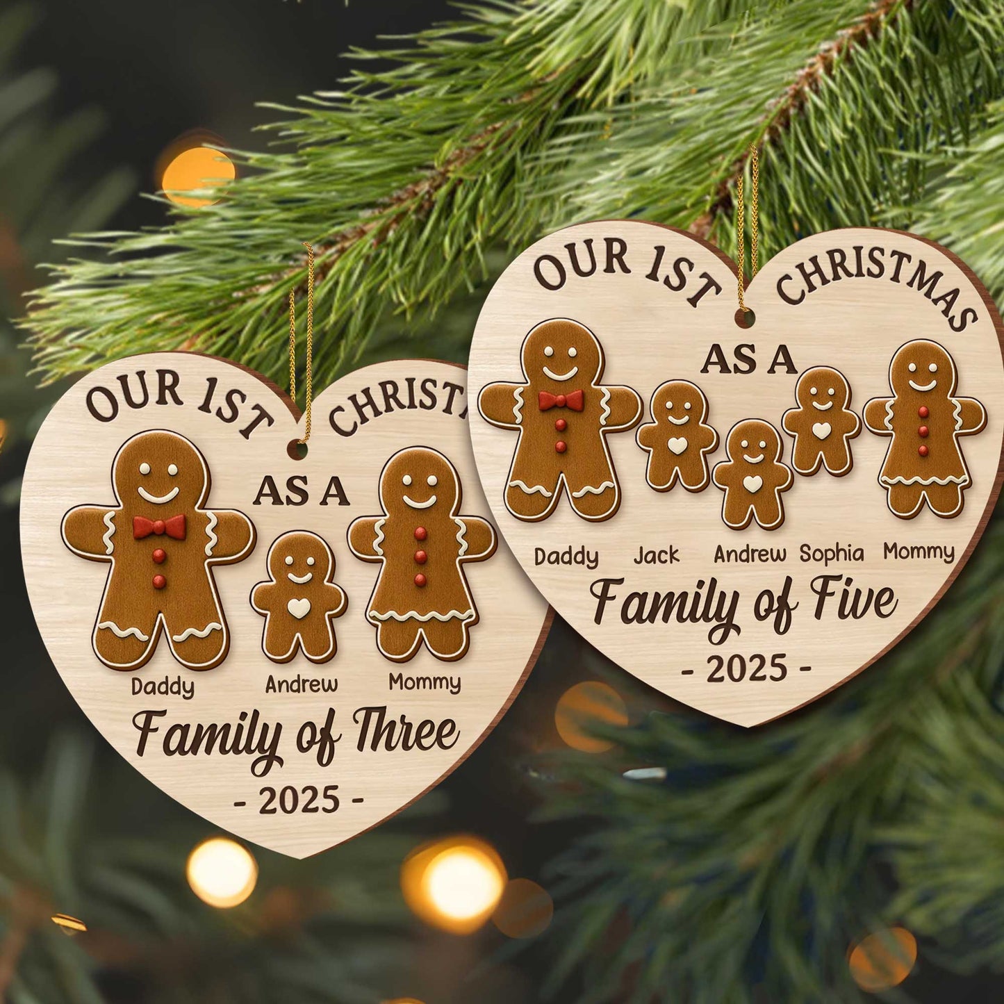 Our First Christmas As A Family Of Three With Gingerbread Figures - Personalized Custom Wood Ornament, Custom Shaped - FAM512_WDO