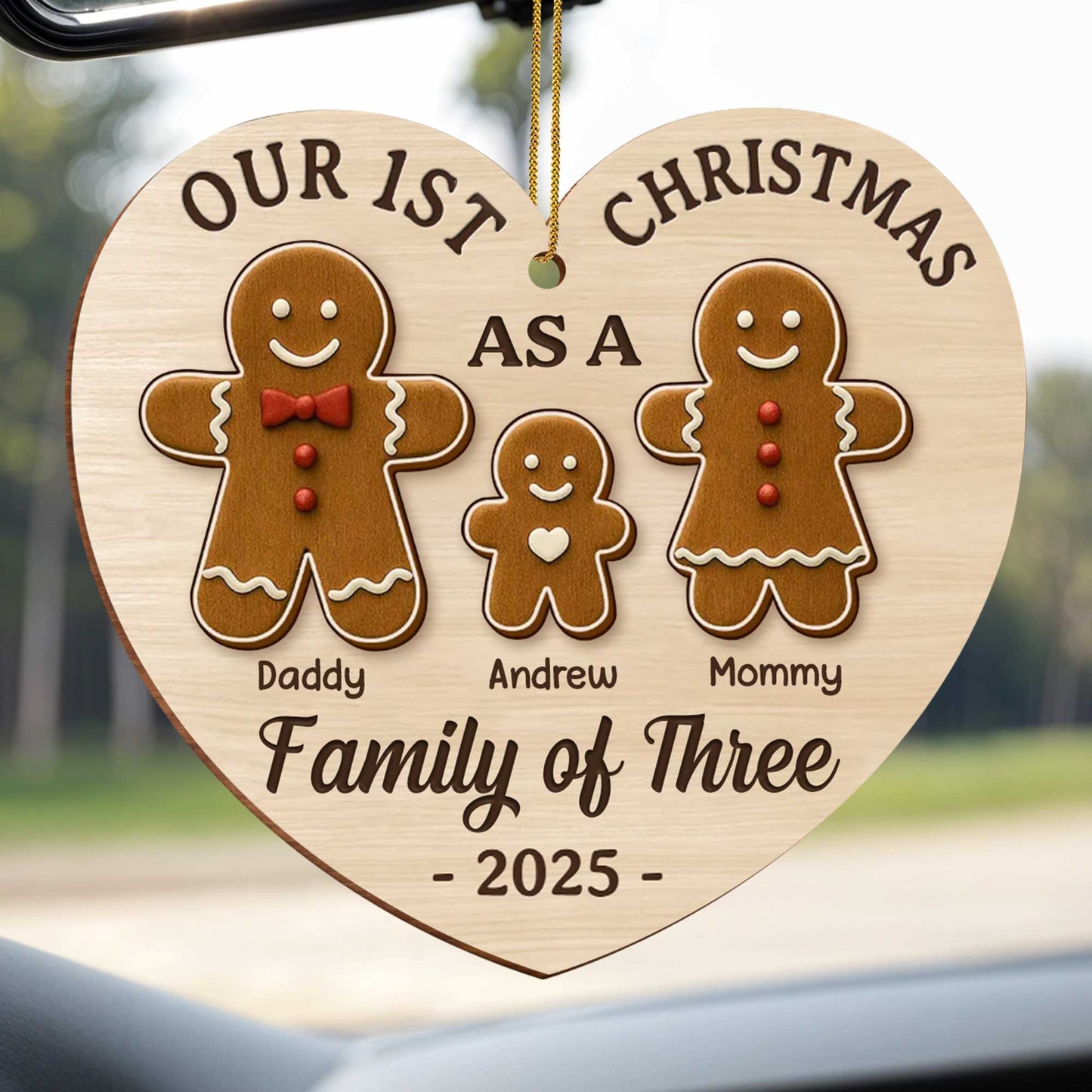 Our First Christmas As A Family Of Three With Gingerbread Figures - Personalized Custom Wood Ornament, Custom Shaped - FAM512_WDO