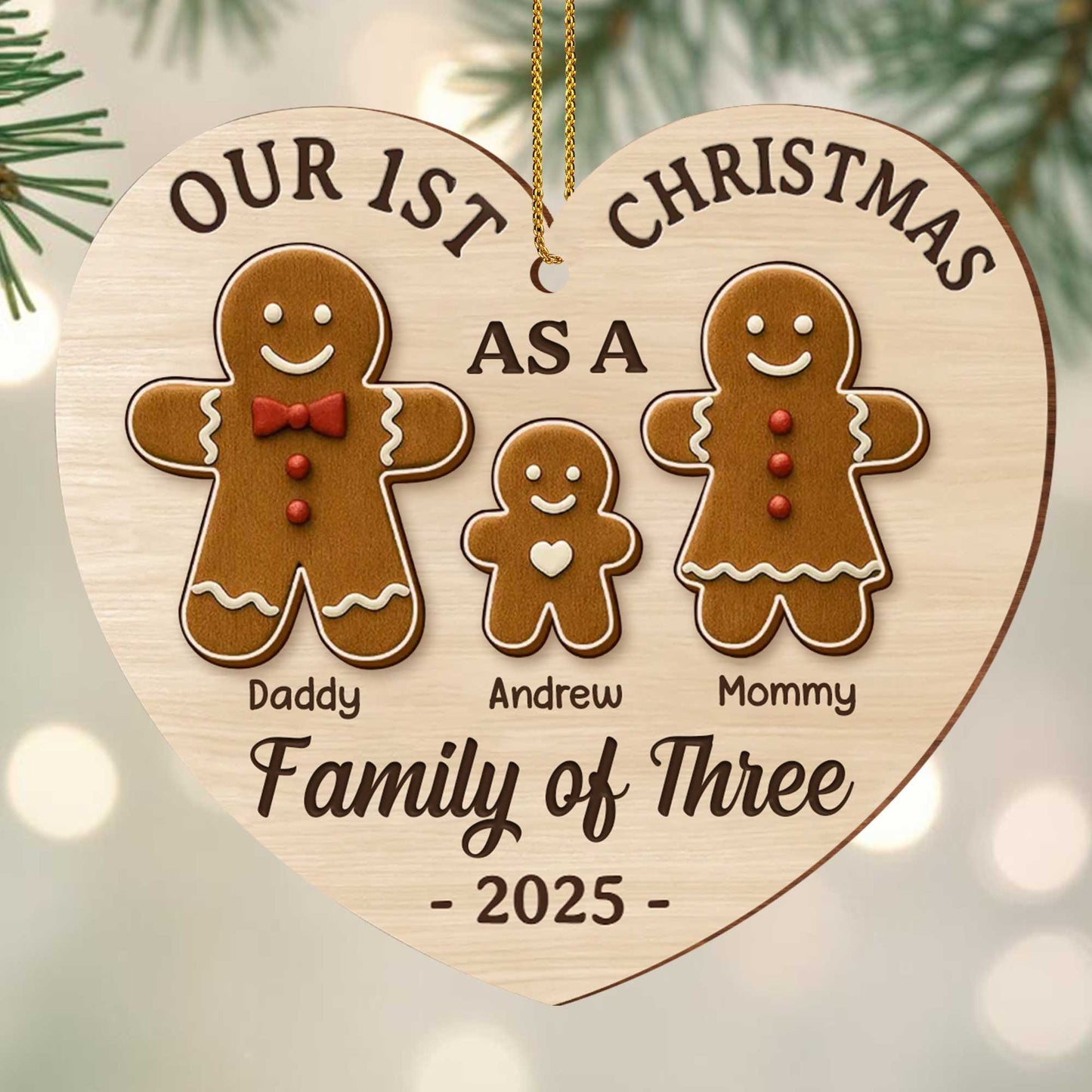 Our First Christmas As A Family Of Three With Gingerbread Figures - Personalized Custom Wood Ornament, Custom Shaped - FAM512_WDO