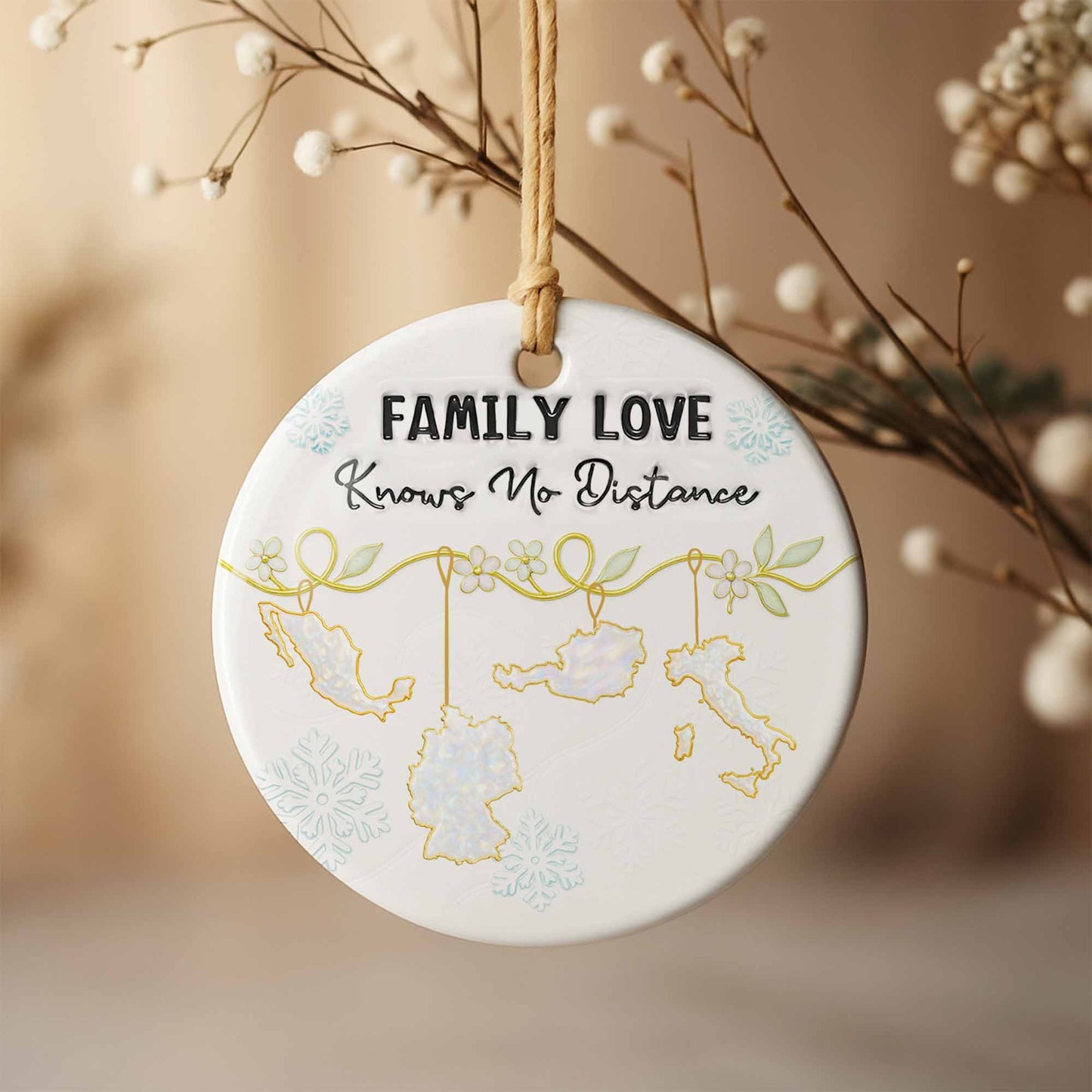 Family Love Knows No Distance With Snowflakes And Flowers