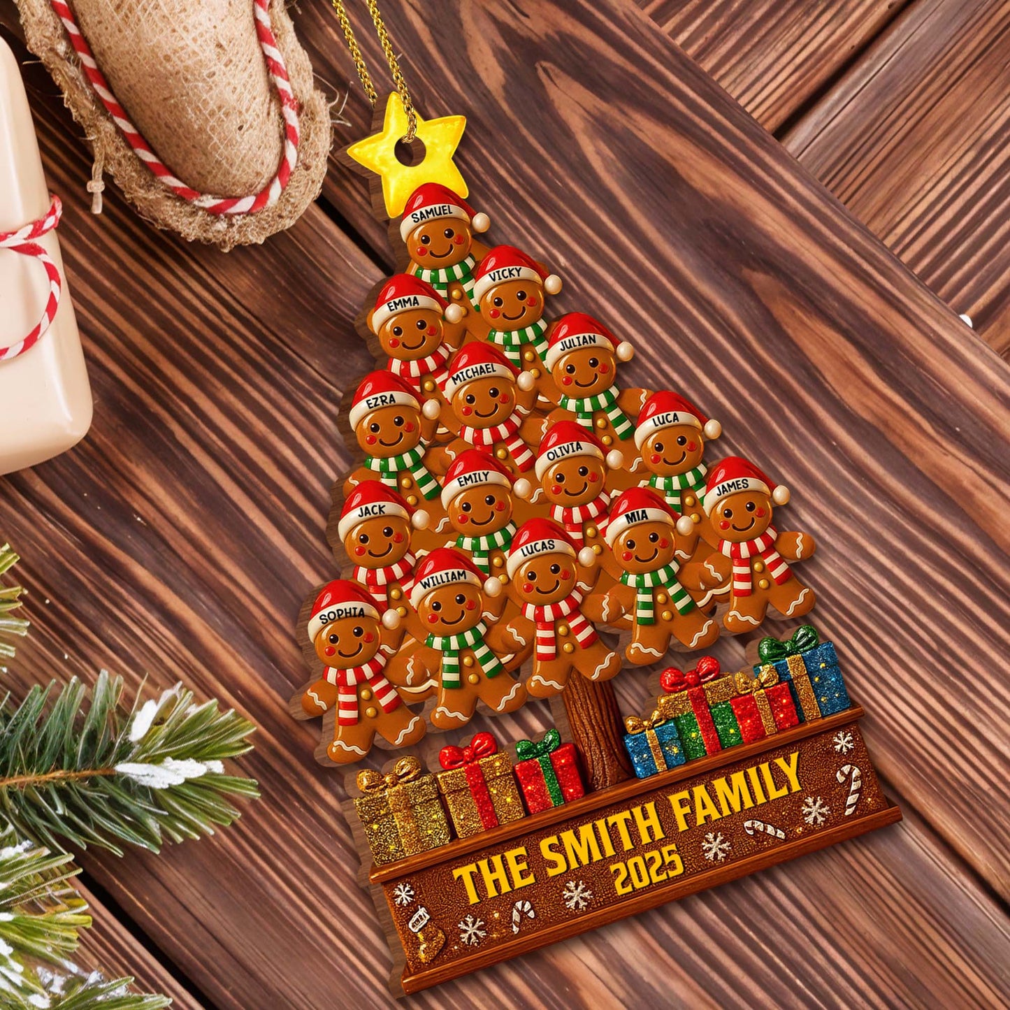 The Smiths Family Gingerbread Christmas Tree - Personalized Custom Wood Ornament, Custom Shaped - FAM576_WDO
