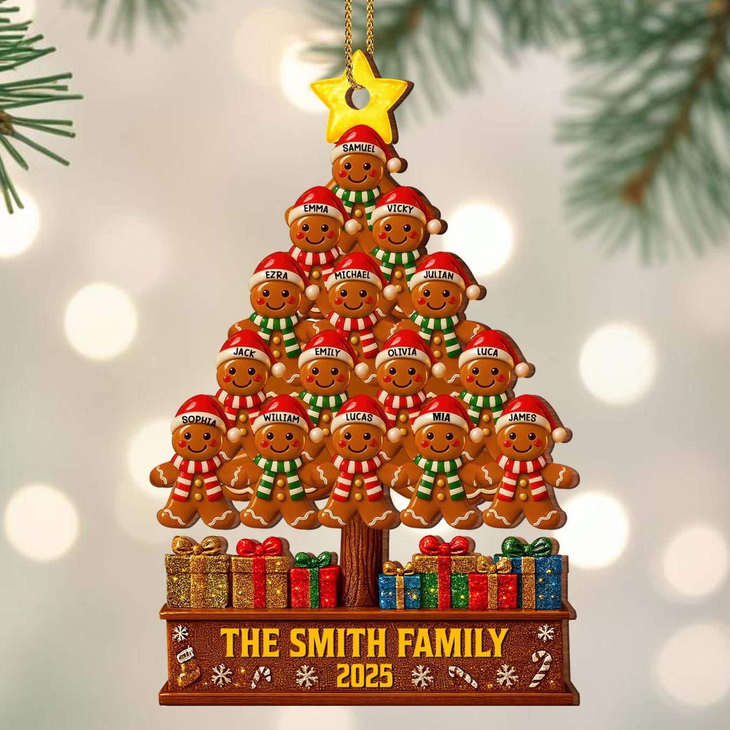The Smiths Family Gingerbread Christmas Tree - Personalized Custom Wood Ornament, Custom Shaped - FAM576_WDO