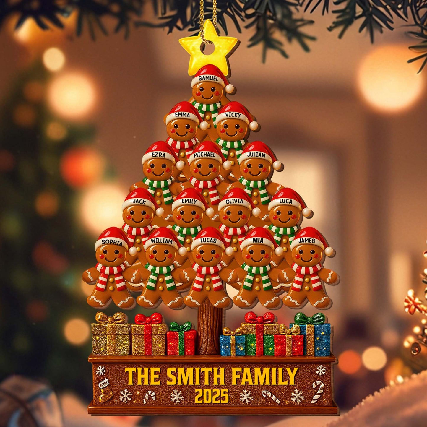 The Smiths Family Gingerbread Christmas Tree - Personalized Custom Wood Ornament, Custom Shaped - FAM576_WDO