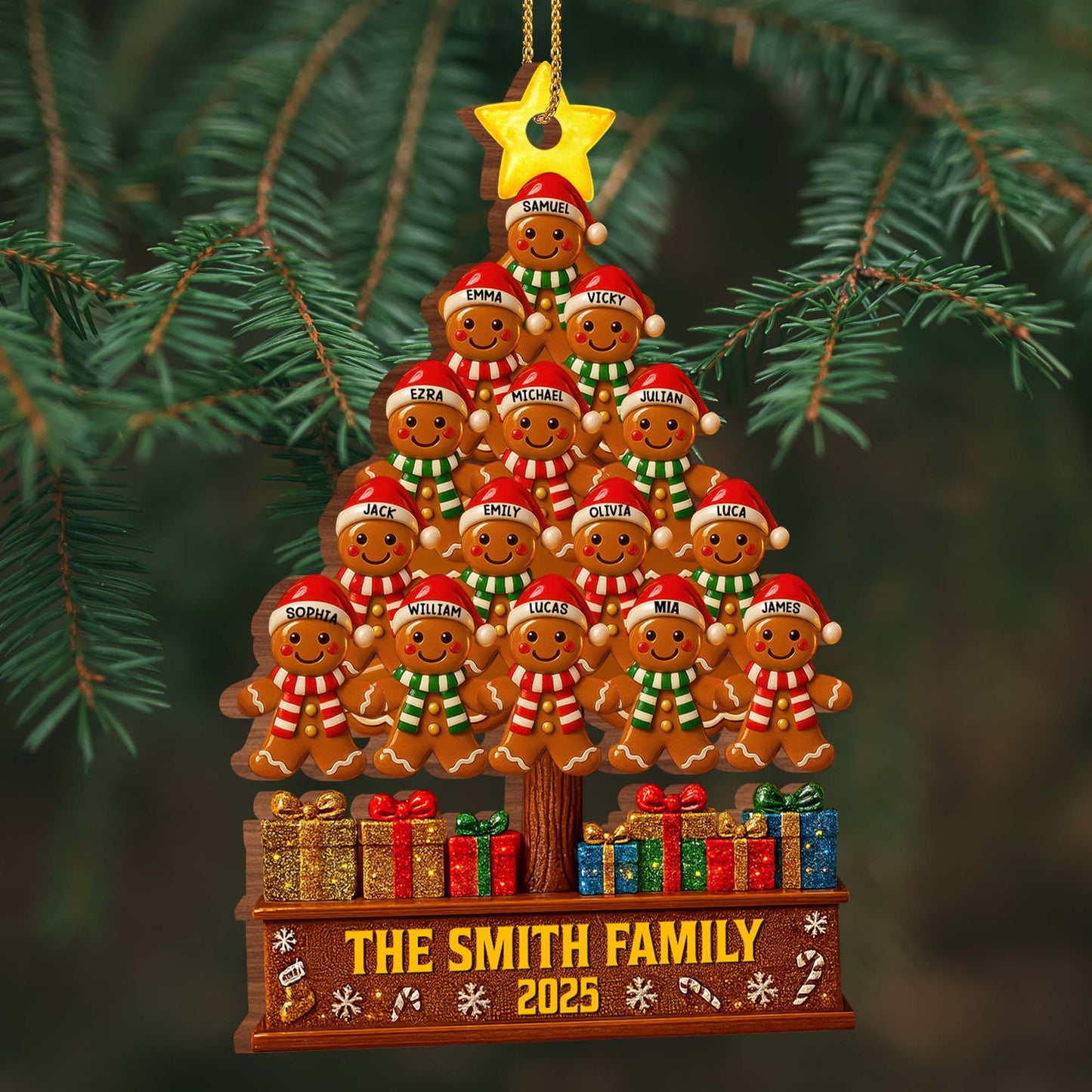 The Smiths Family Gingerbread Christmas Tree - Personalized Custom Wood Ornament, Custom Shaped - FAM576_WDO