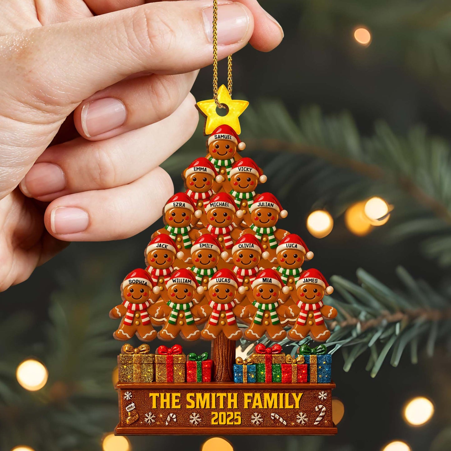 The Smiths Family Gingerbread Christmas Tree - Personalized Custom Wood Ornament, Custom Shaped - FAM576_WDO