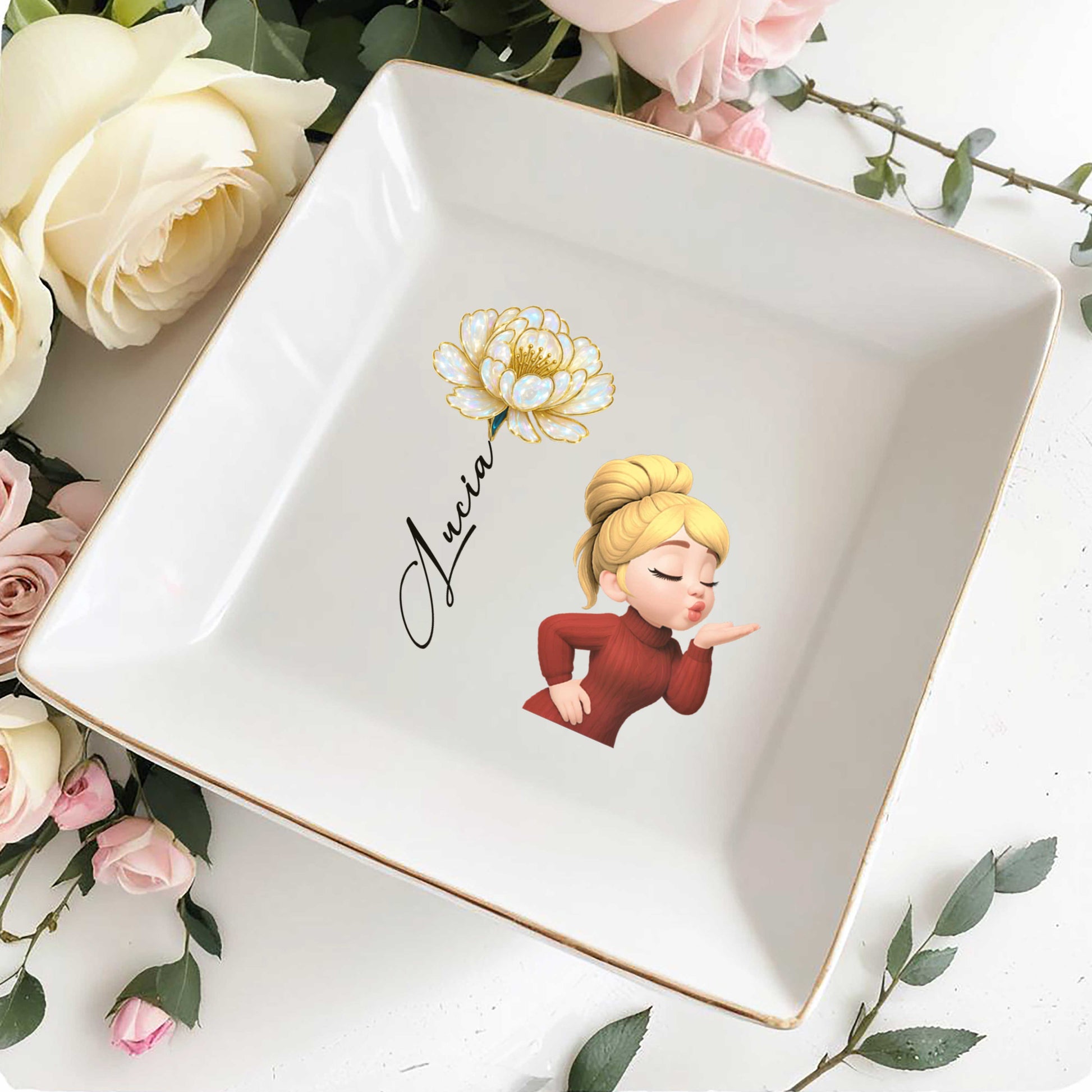 Square Ceramic Dish With Flower And Girl Blowing A Kiss