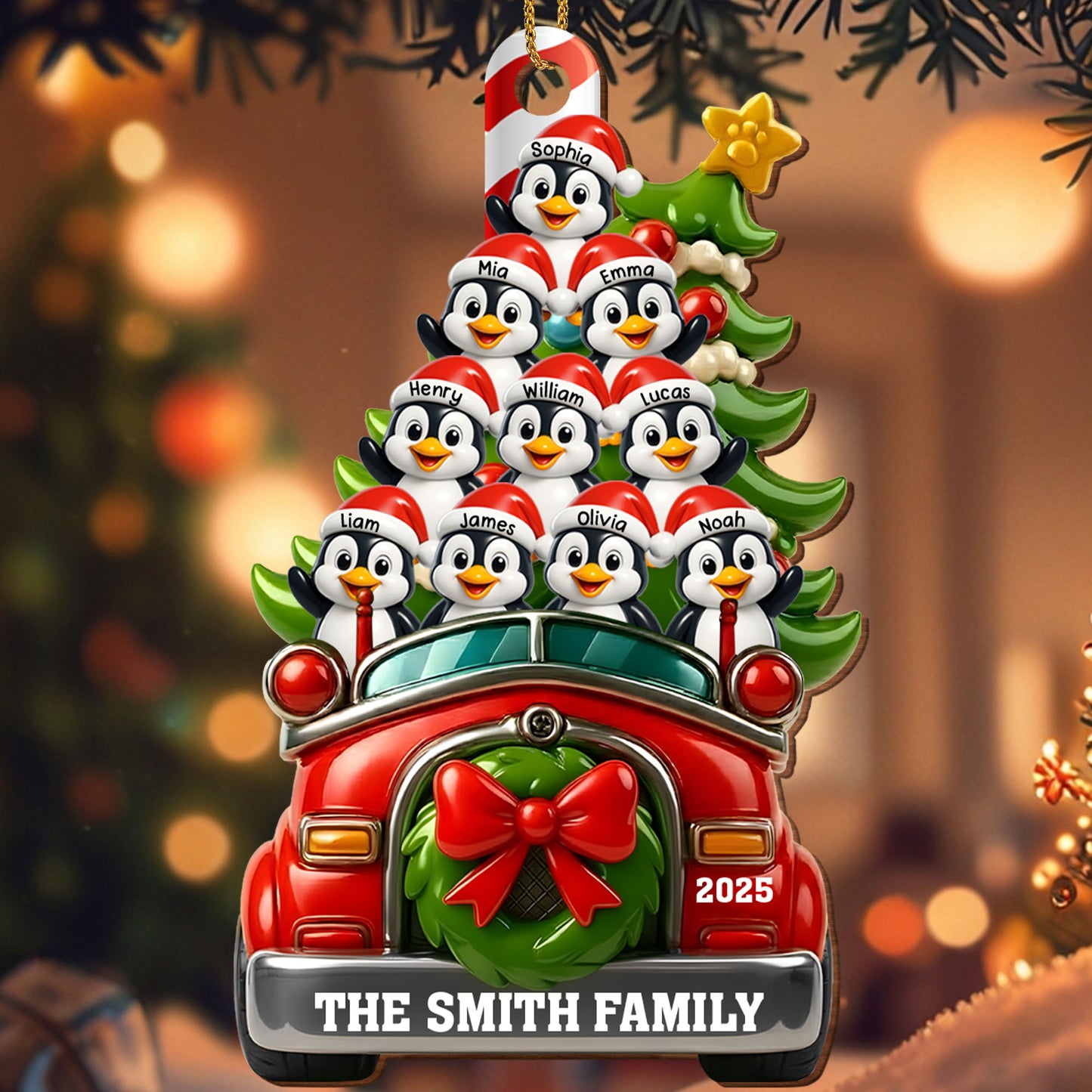 Christmas Joy With Festive Ride And Penguins - Personalized Custom Wood Ornament, Custom Shaped - FAM666_WDO