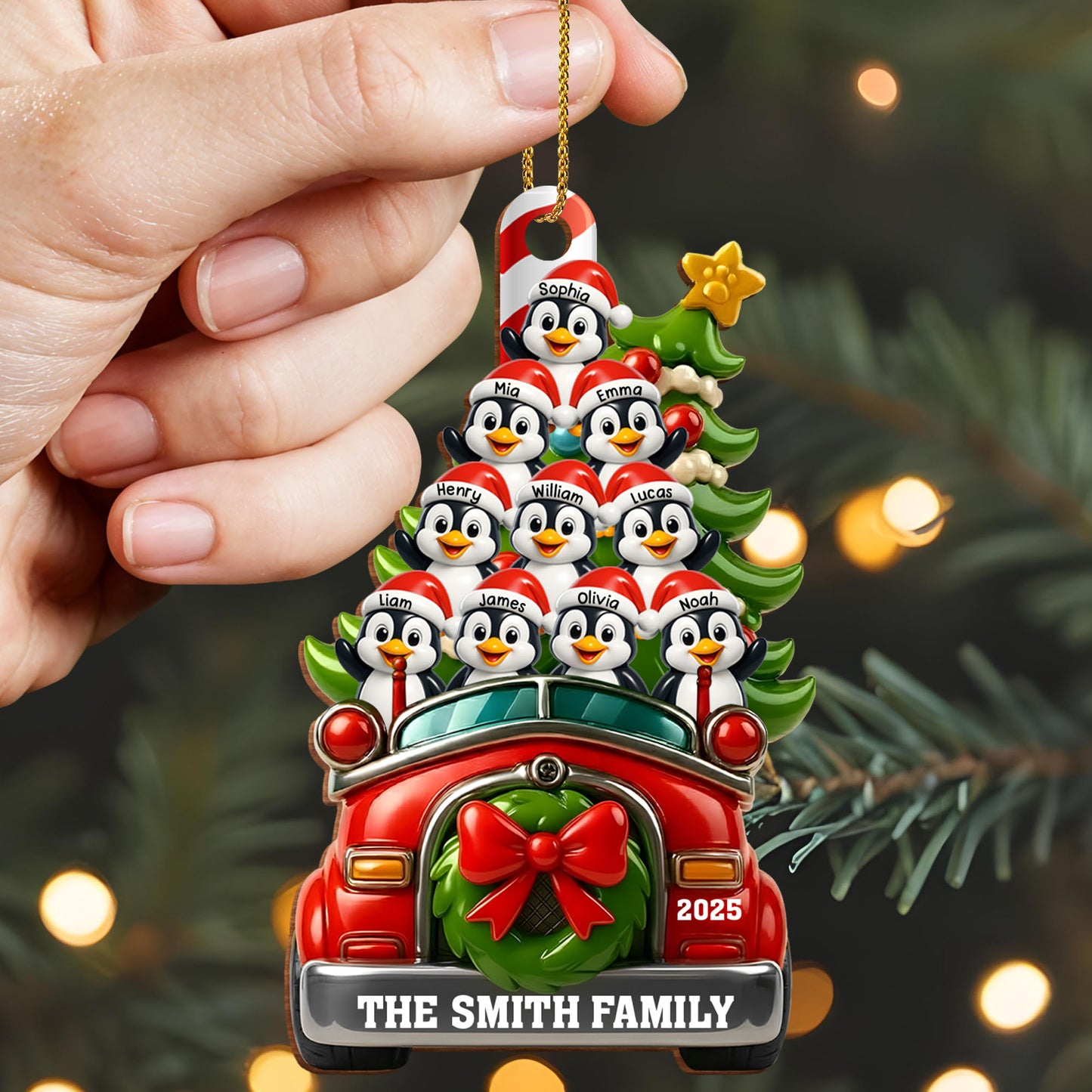 Christmas Joy With Festive Ride And Penguins - Personalized Custom Wood Ornament, Custom Shaped - FAM666_WDO