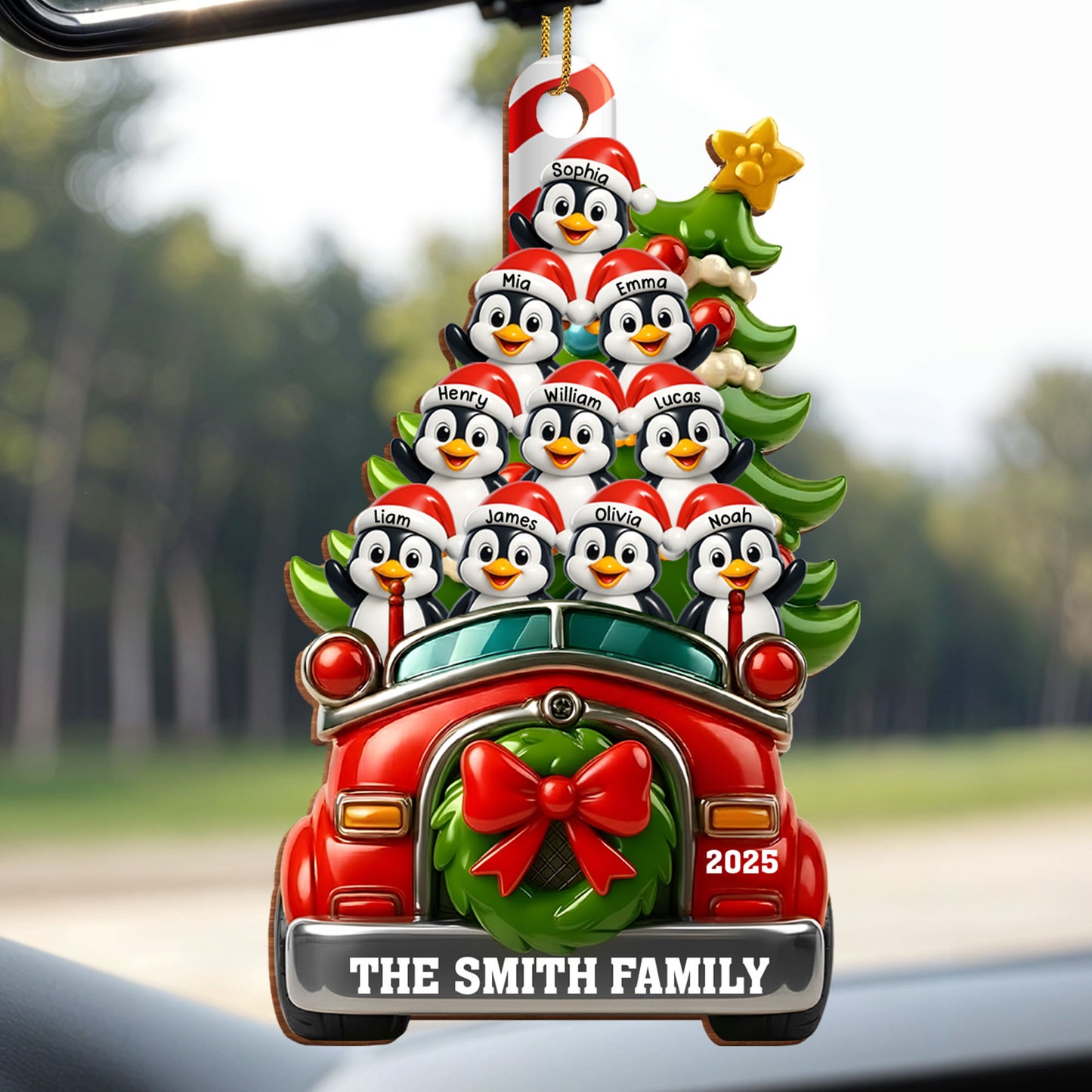 Christmas Joy With Festive Ride And Penguins - Personalized Custom Wood Ornament, Custom Shaped - FAM666_WDO