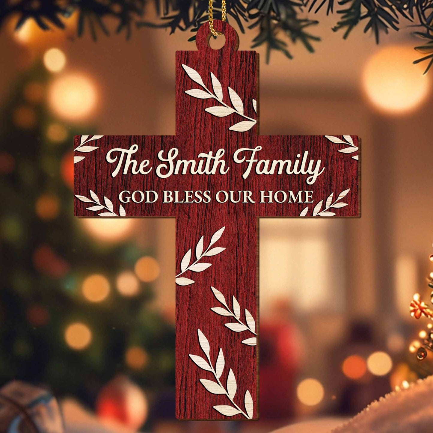 God Bless Our Home, Wooden Cross With Leaves