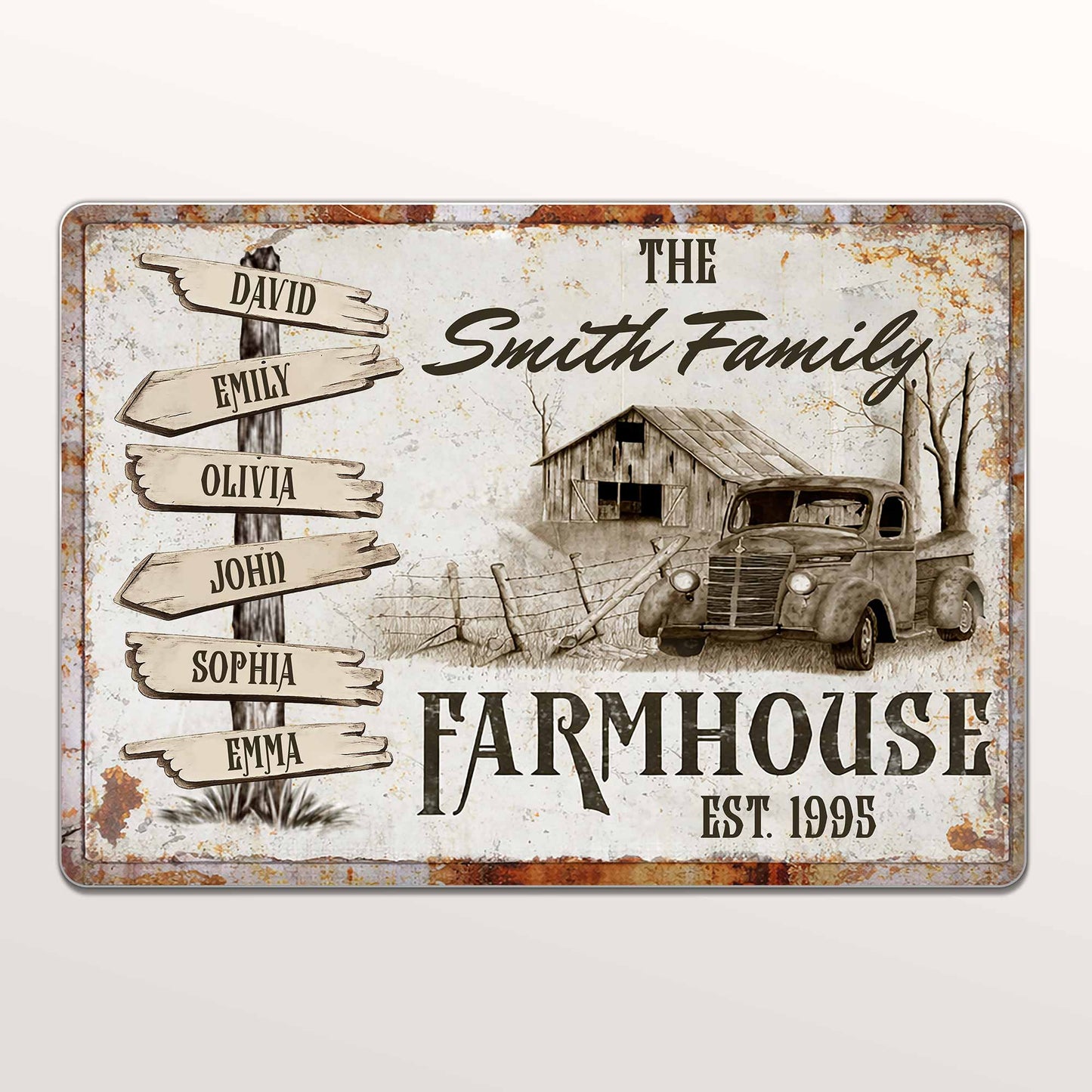 Farmhouse Est, Featuring A Rustic Truck And Wooden Signs