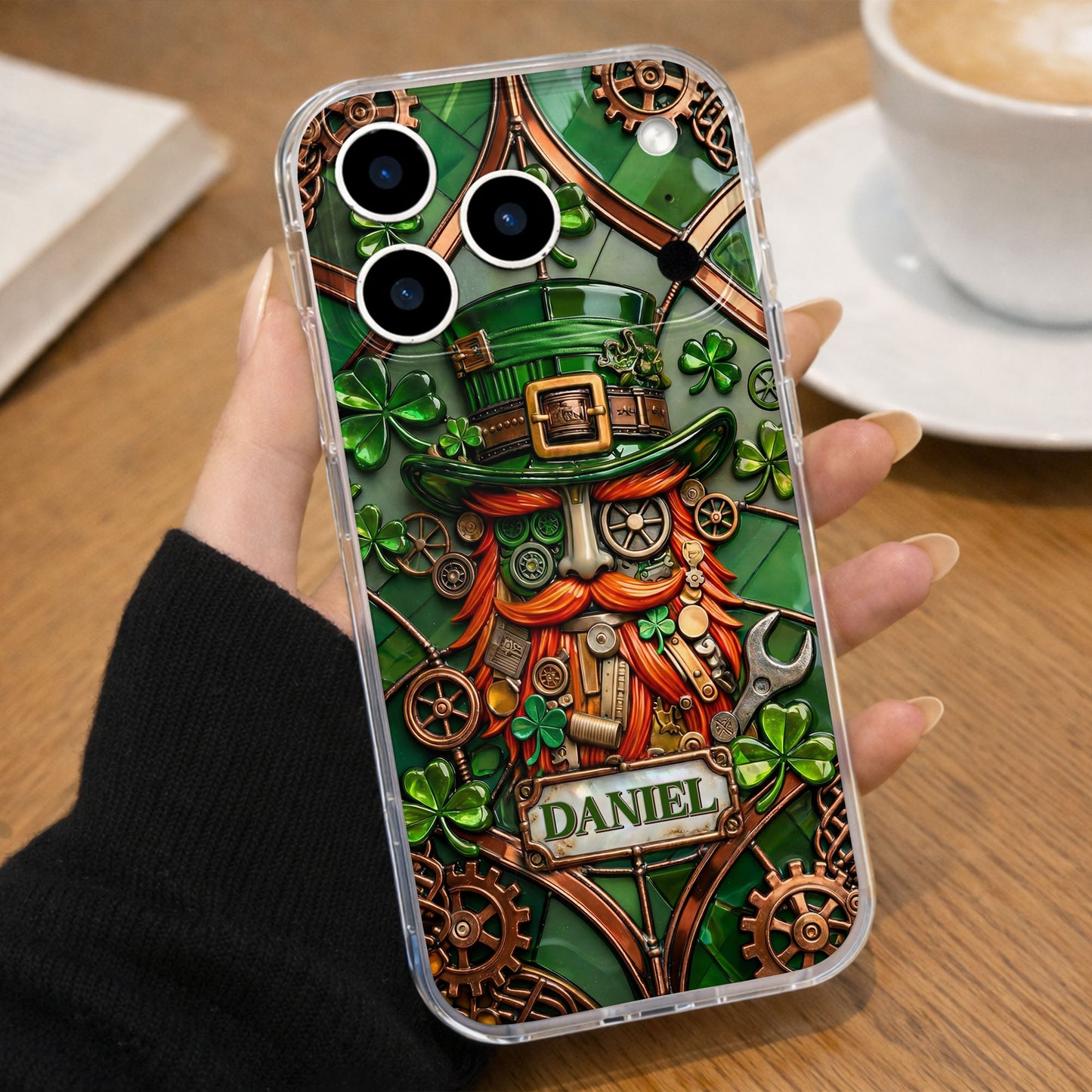 Steampunk Leprechaun With Shamrocks And Mechanical Gears Luck Design - Personalized Clear Phone Case - FAM804_PHC