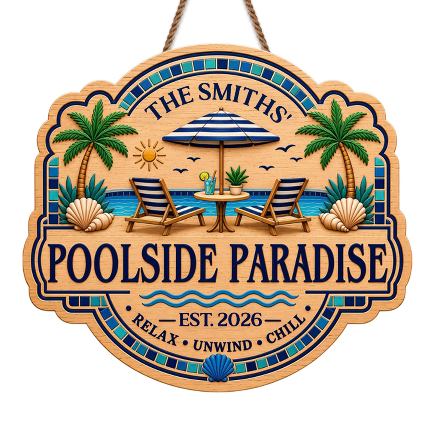 Poolside Paradise Relax Unwind Chill With Palm Trees And Pool Chairs - Personalized Custom Shaped Wood Sign - FAM962_WSIGN