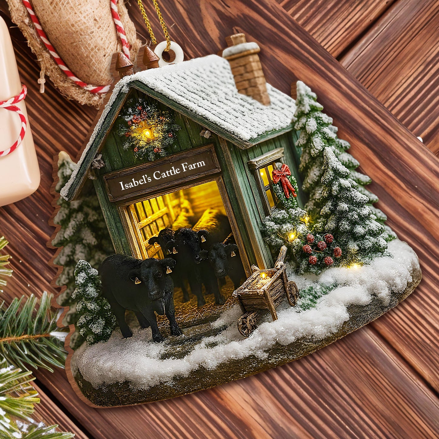 Personalized Farmhouse Christmas Barn and Cattle