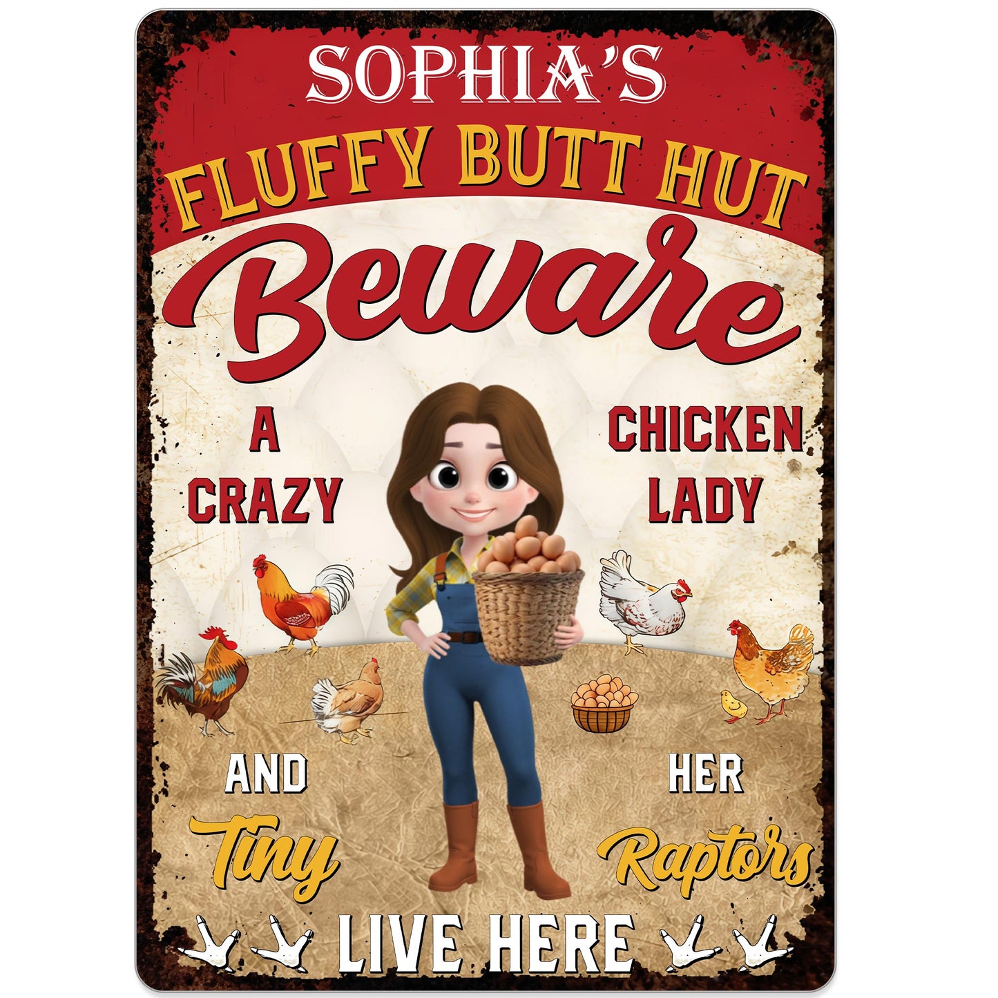 Fluffy Butt Hut Beware Crazy Chicken Lady - Personalized Metal Sign - FARM033_MSIGN