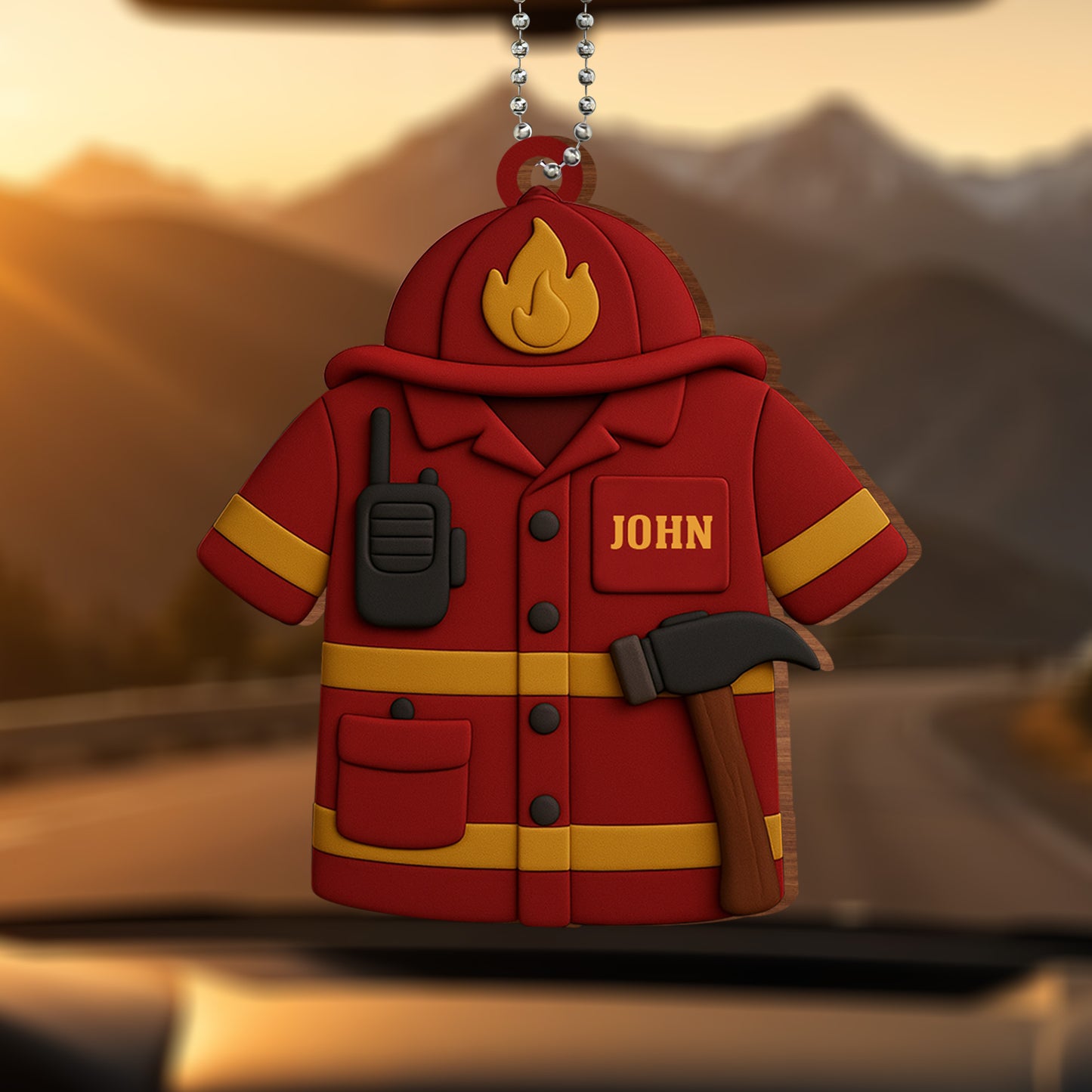 Firefighter Jacket Ornament With Radio And Fire Axe