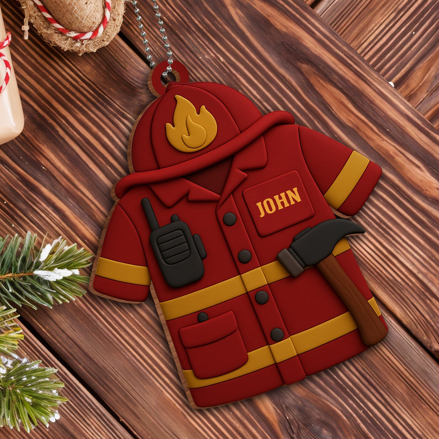 Firefighter Jacket Ornament With Radio And Fire Axe
