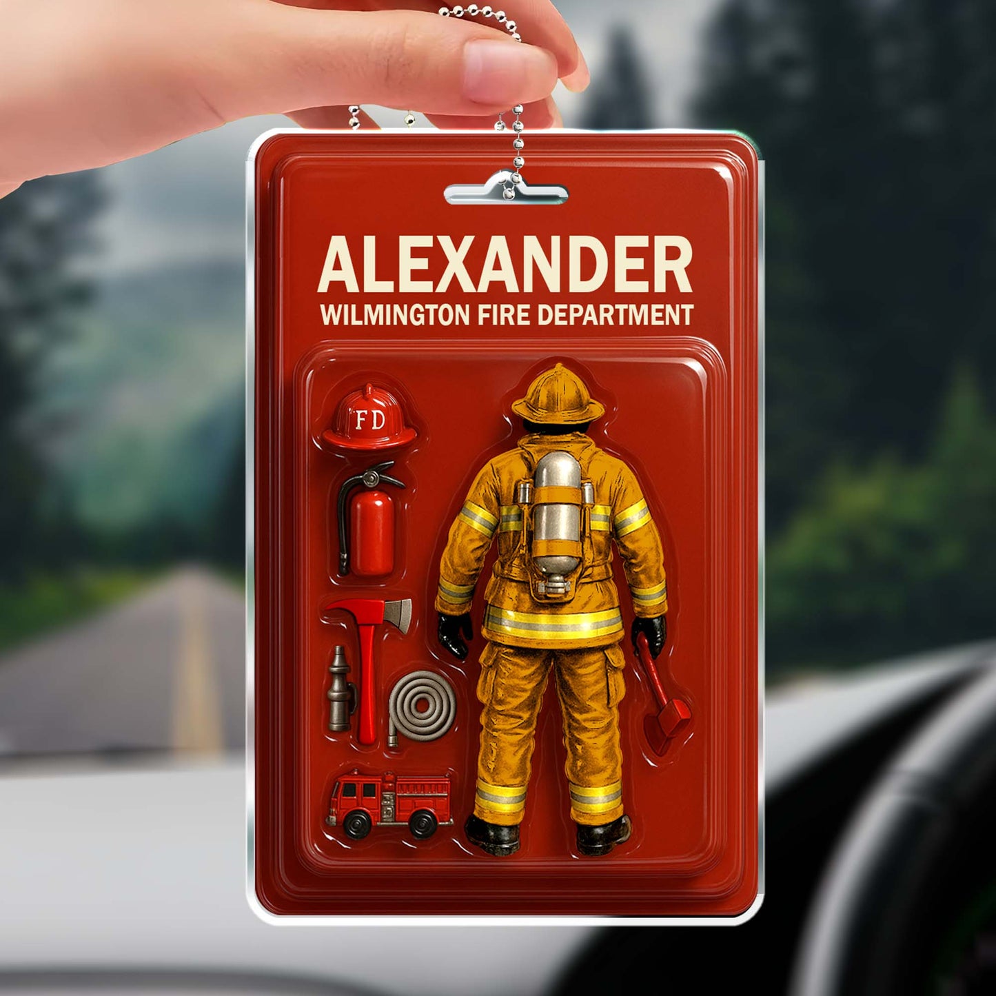 Custom Firefighter Themed Acrylic Ornament With Fire Department Equipment