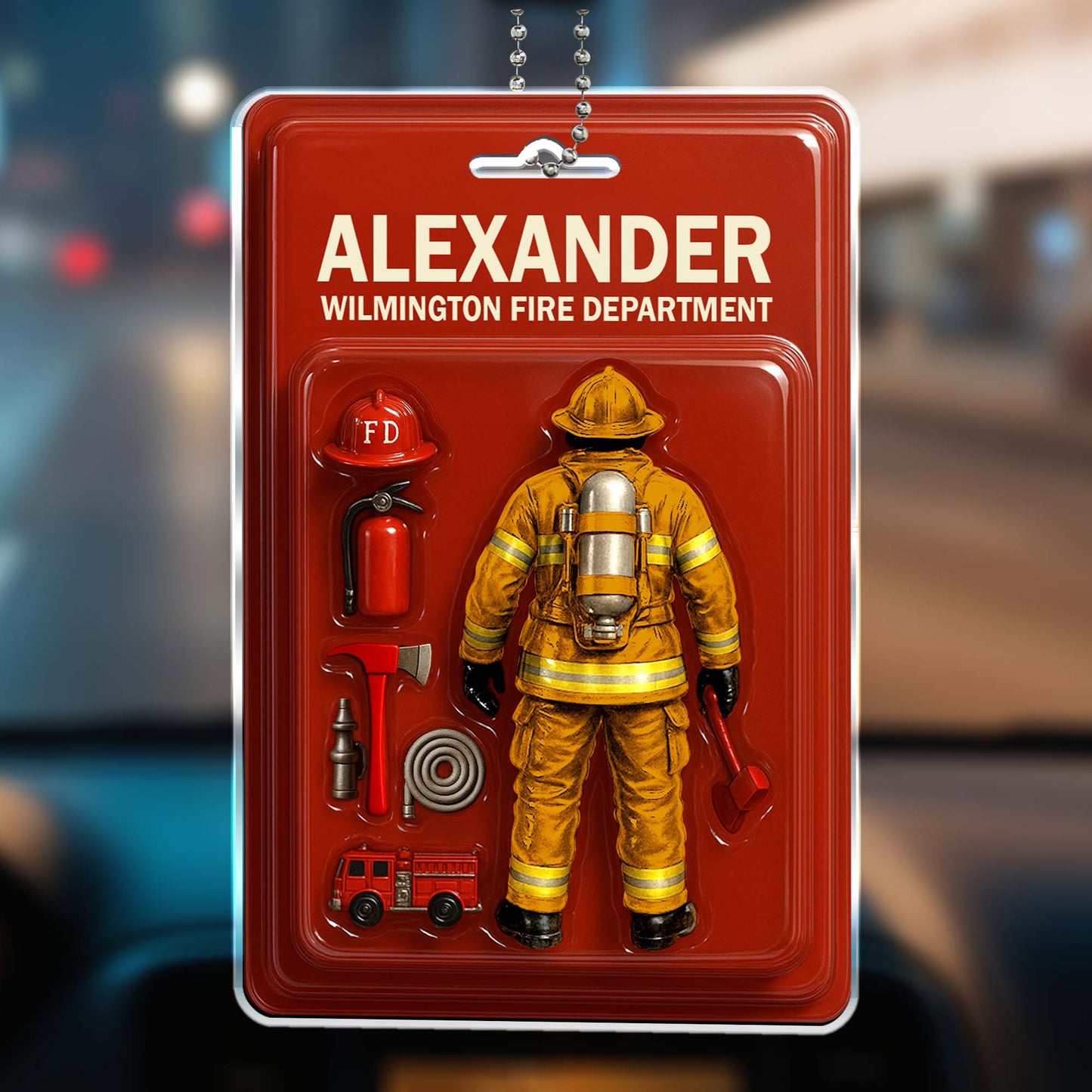 Custom Firefighter Themed Acrylic Ornament With Fire Department Equipment