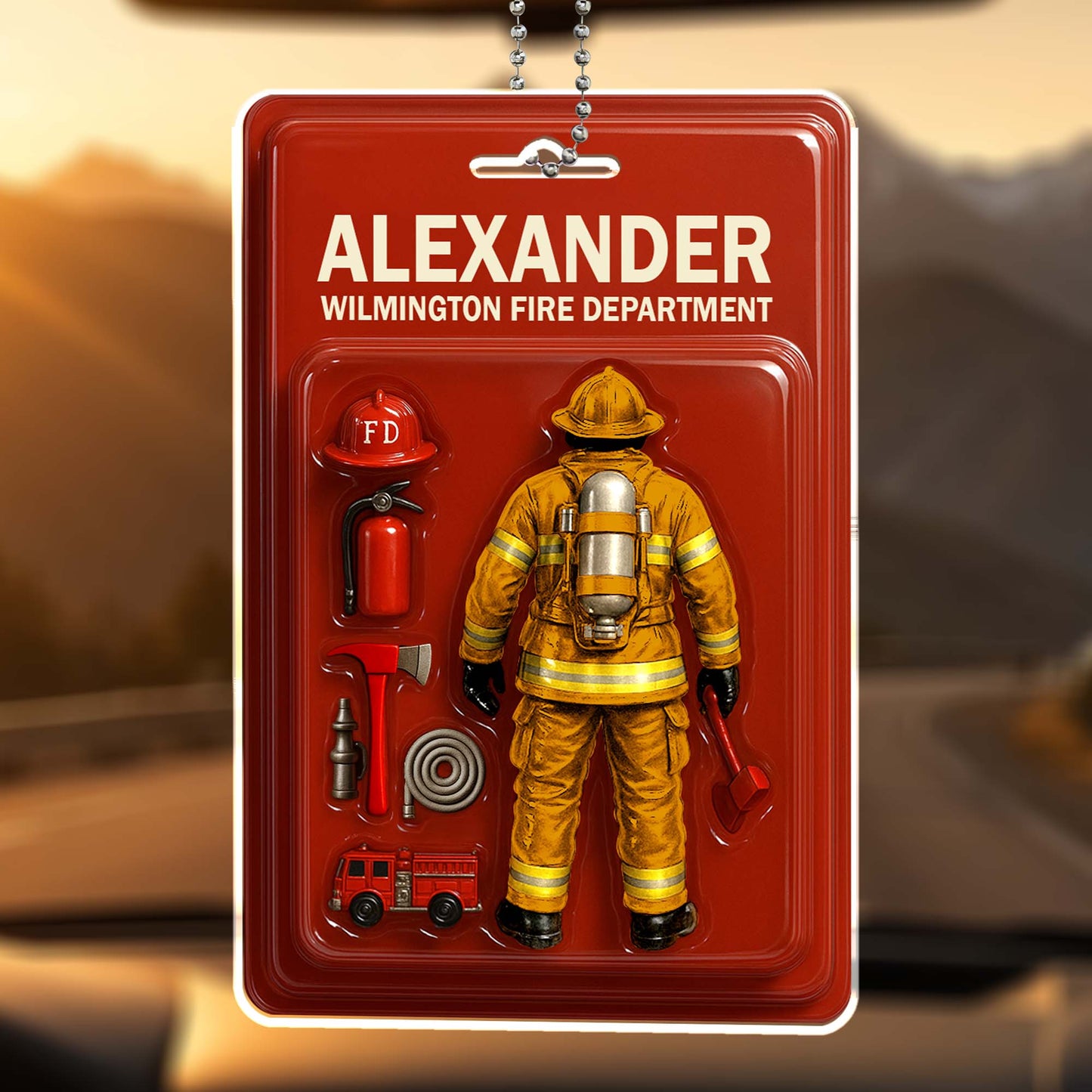 Custom Firefighter Themed Acrylic Ornament With Fire Department Equipment