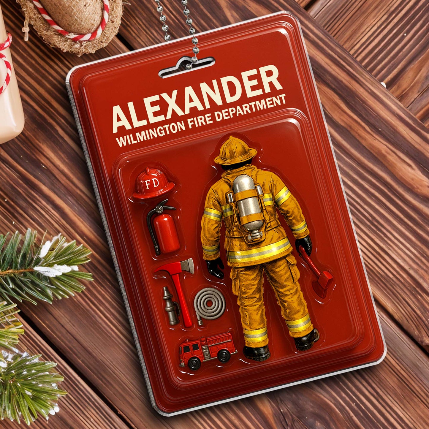 Custom Firefighter Themed Acrylic Ornament With Fire Department Equipment