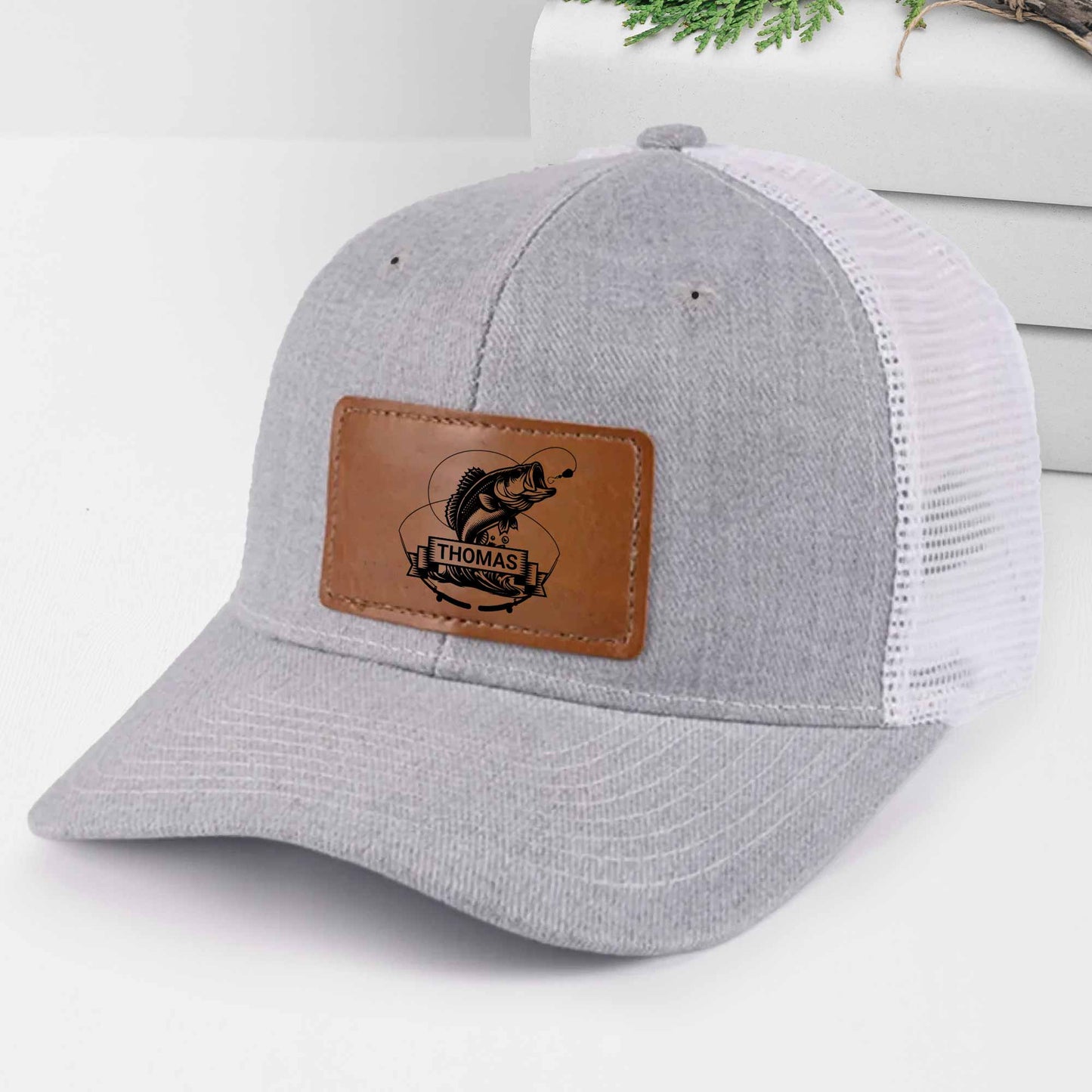 Customizable Leather Patch With Fish And Fishing Reel Design