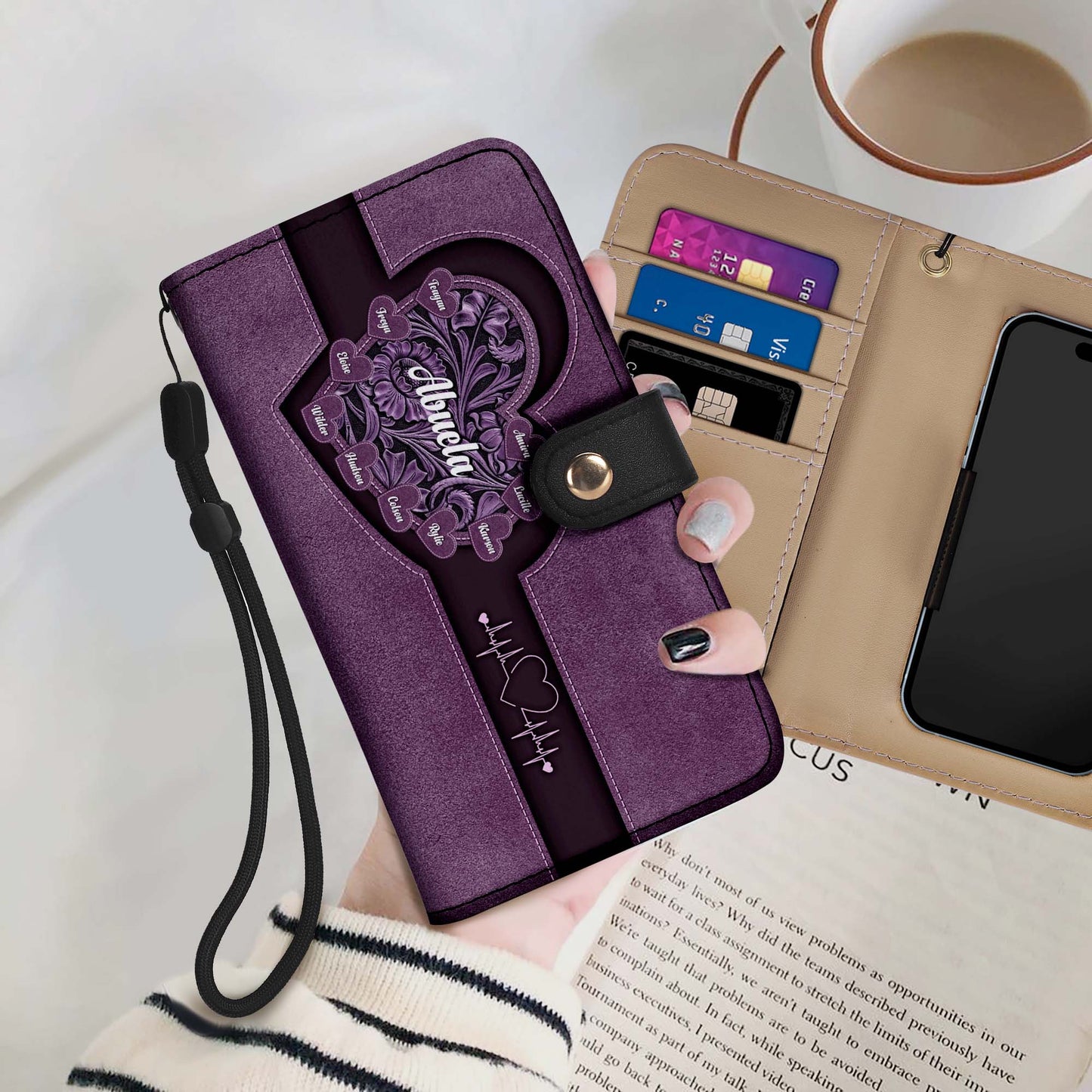 Petits cœurs - Portefeuille en cuir personnalisé pour téléphone - FM002_PW