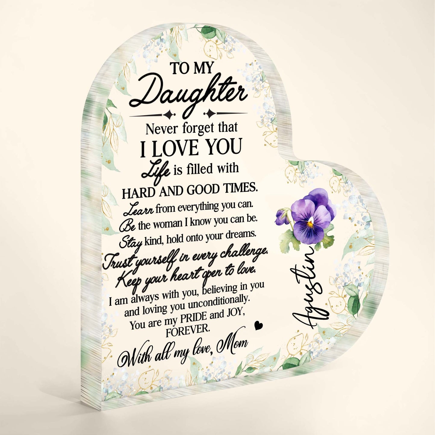 Heartfelt Message To My Daughter With Flowers And Love - Personalized Heart Shaped Acrylic Plaque - FM006_HAP