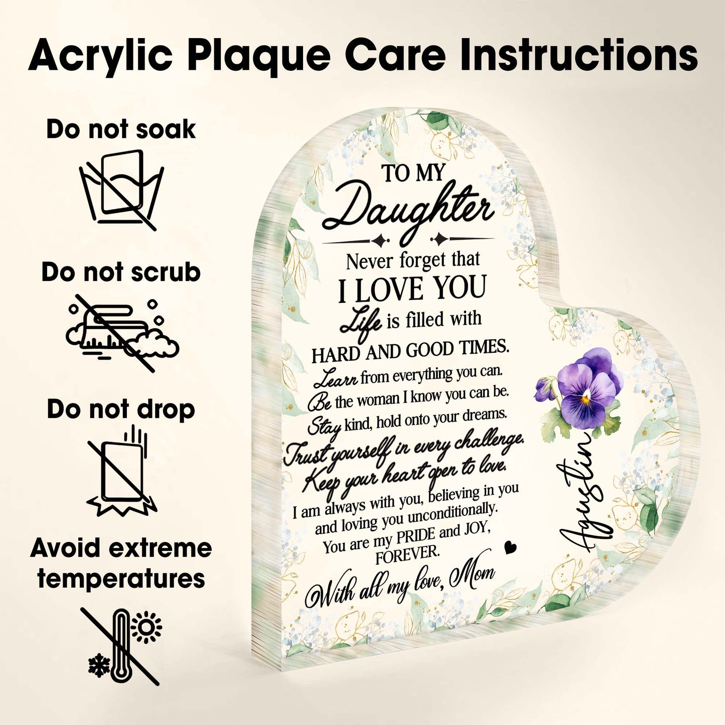 Heartfelt Message To My Daughter With Flowers And Love - Personalized Heart Shaped Acrylic Plaque - FM006_HAP