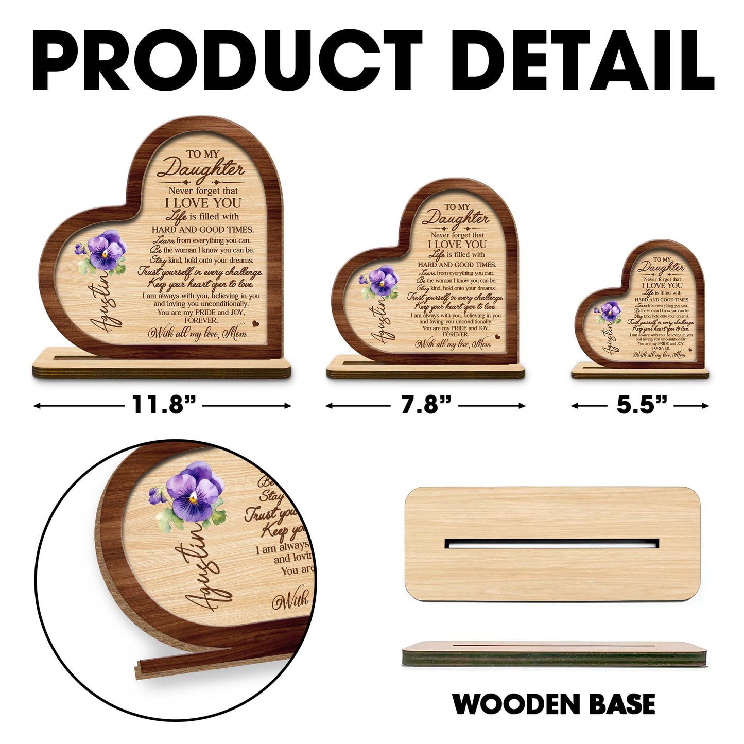 Message d'amour éternel pour ma fille avec cœur et pensées - Plaque en bois personnalisée à 2 couches avec base plate - FM006_WPLA