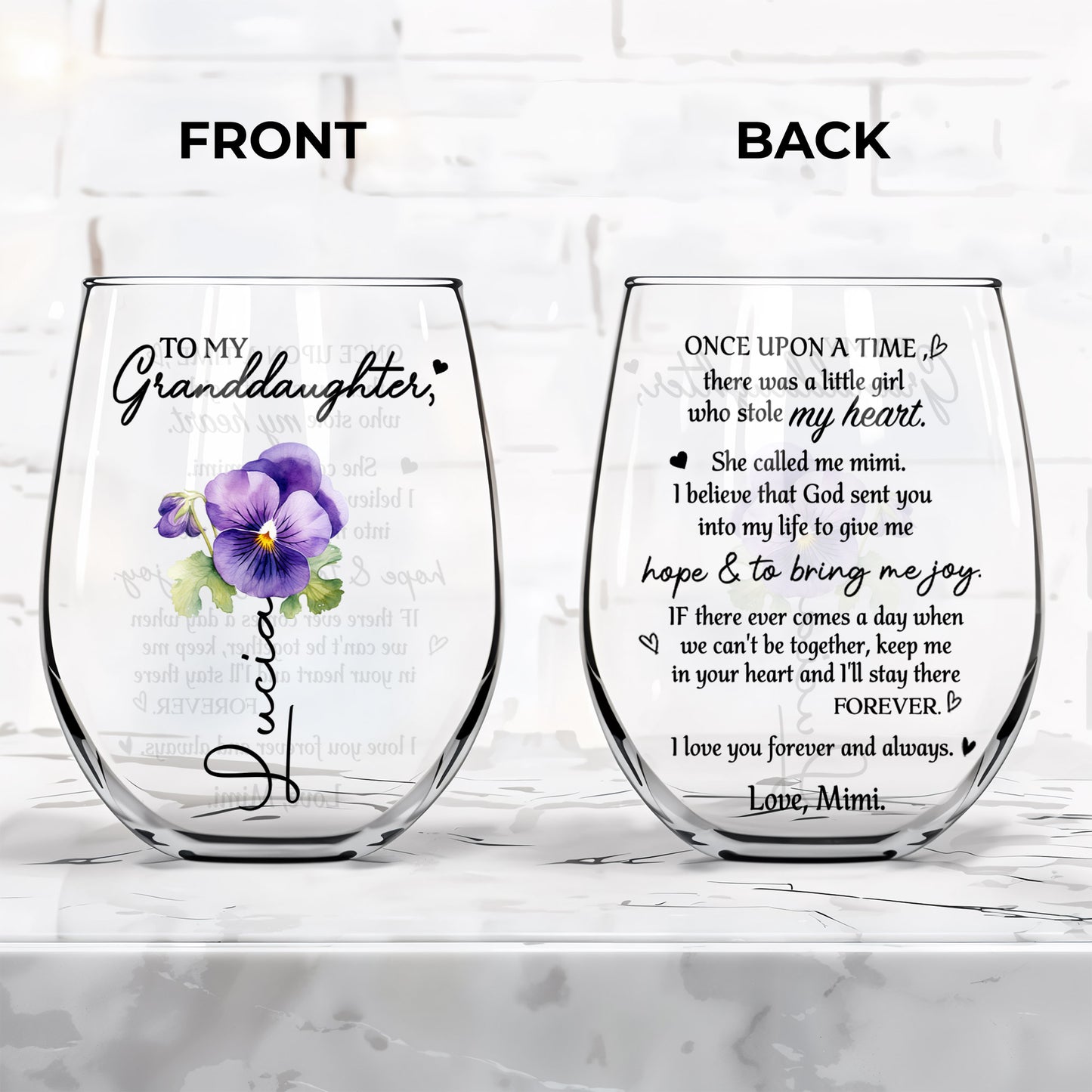 To My Granddaughter, Love Mimi Pansy Flower Heart Design