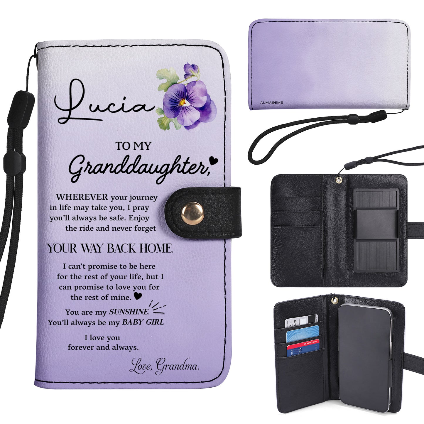 Portefeuille en cuir personnalisé avec message d'amour floral « Forever My Baby Girl » - FM029_PW