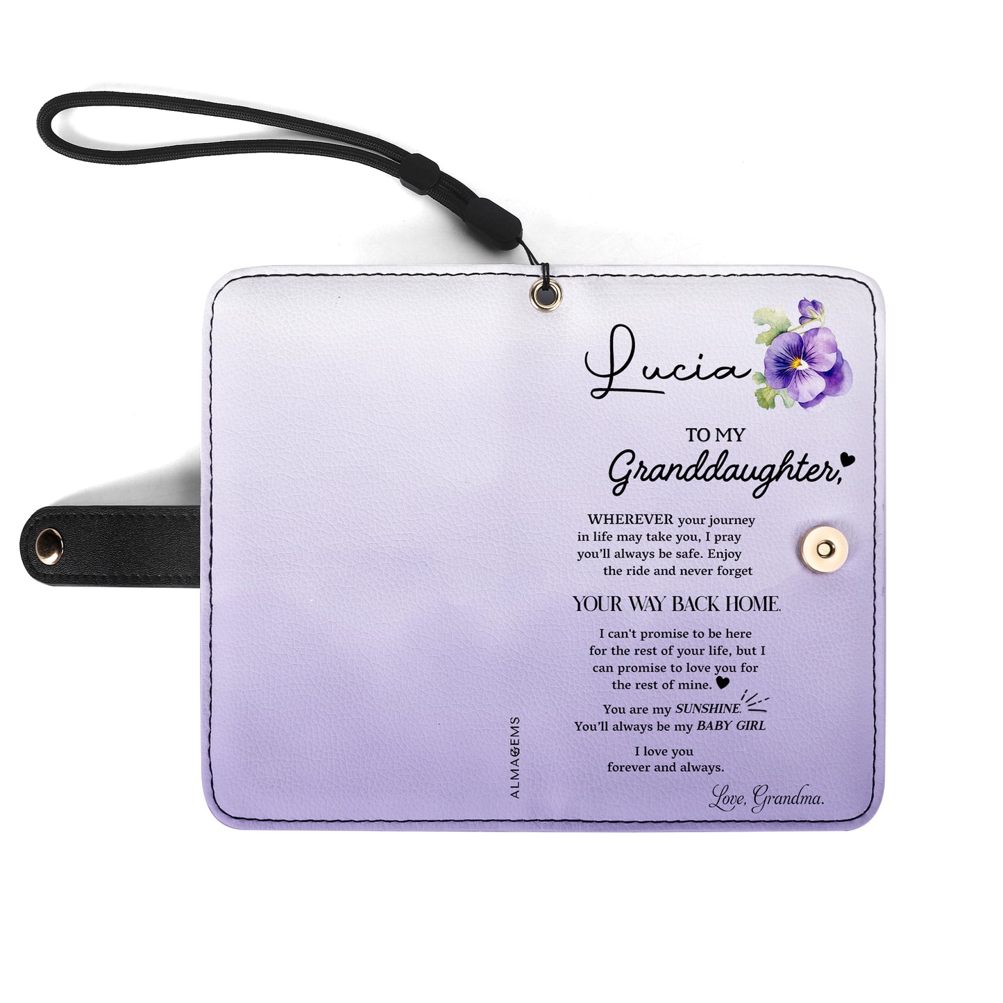 Portefeuille en cuir personnalisé avec message d'amour floral « Forever My Baby Girl » - FM029_PW